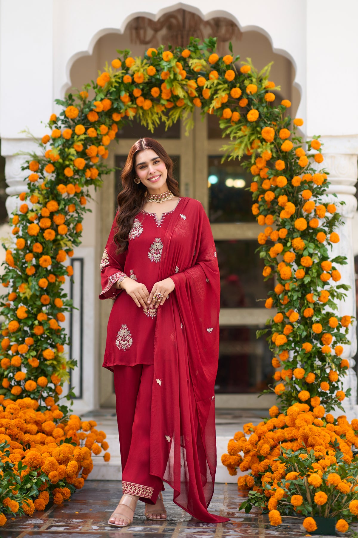 Crimson Bloom Embroidered Suit Set
