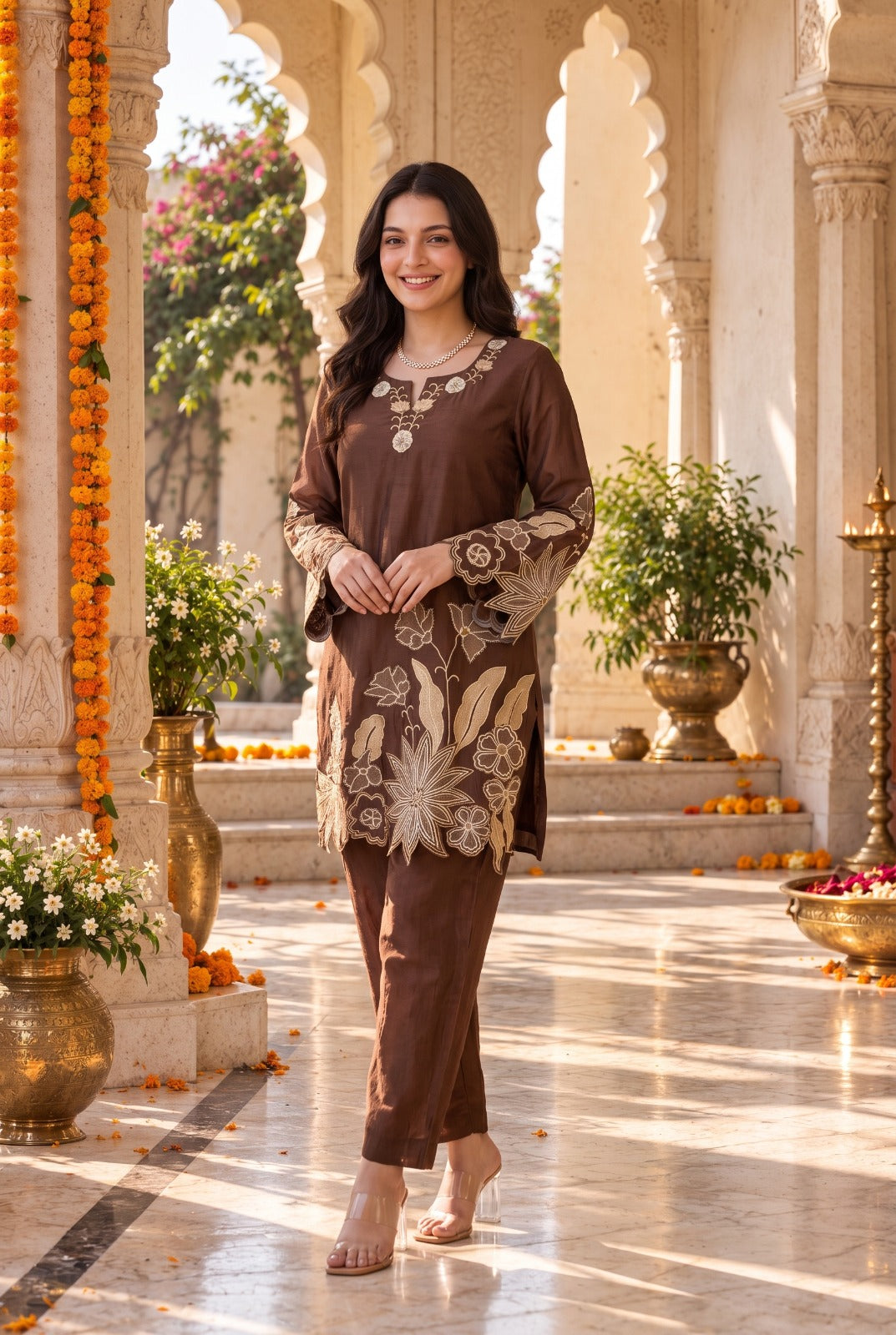 Mocha Bloom Kurta Set