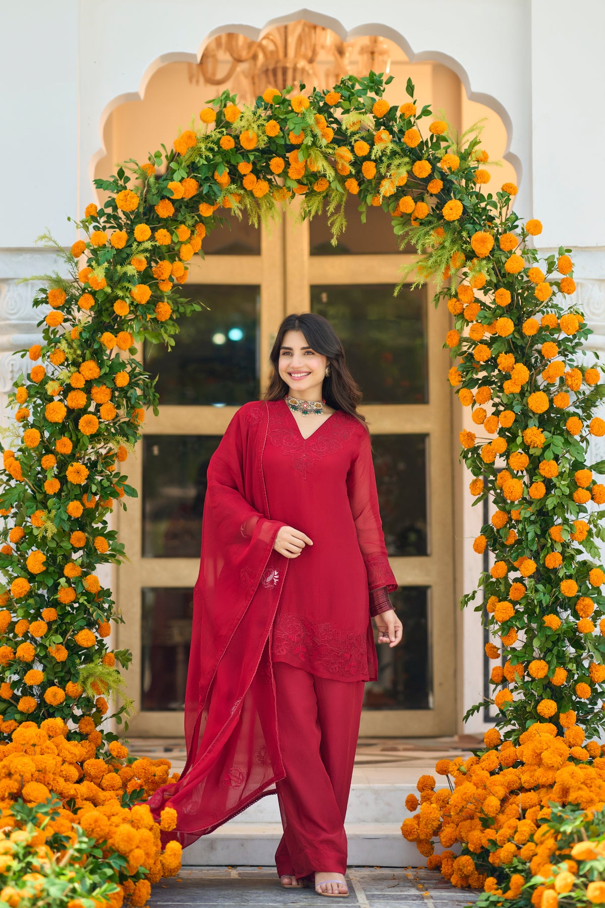 Crimson Red Embroidered Suit Set