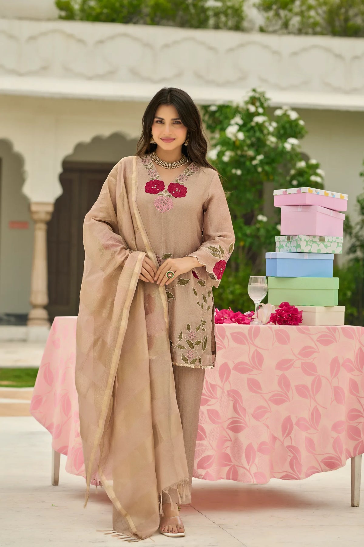 Beige Blossom Embroidered Suit Set