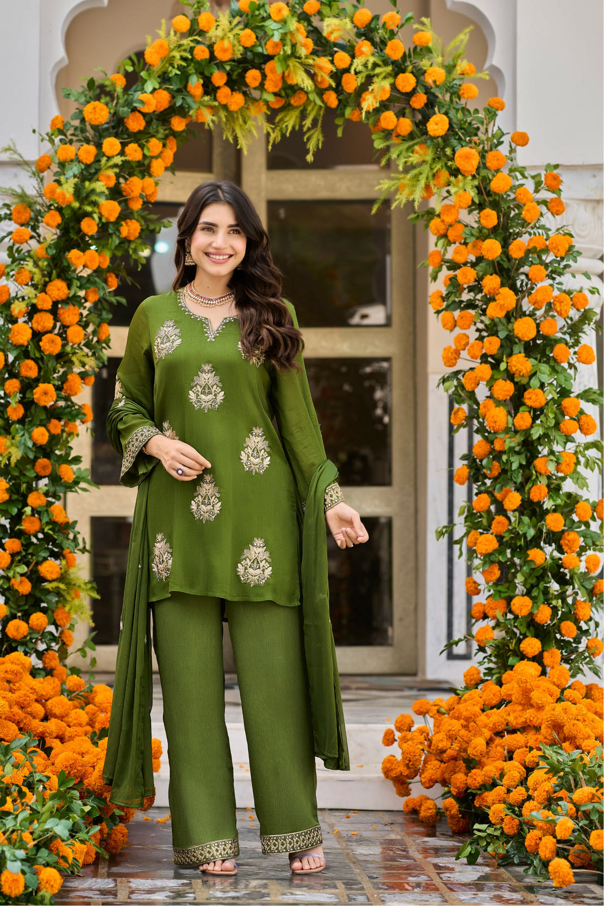 Olive Bloom Embroidered Kurta Set