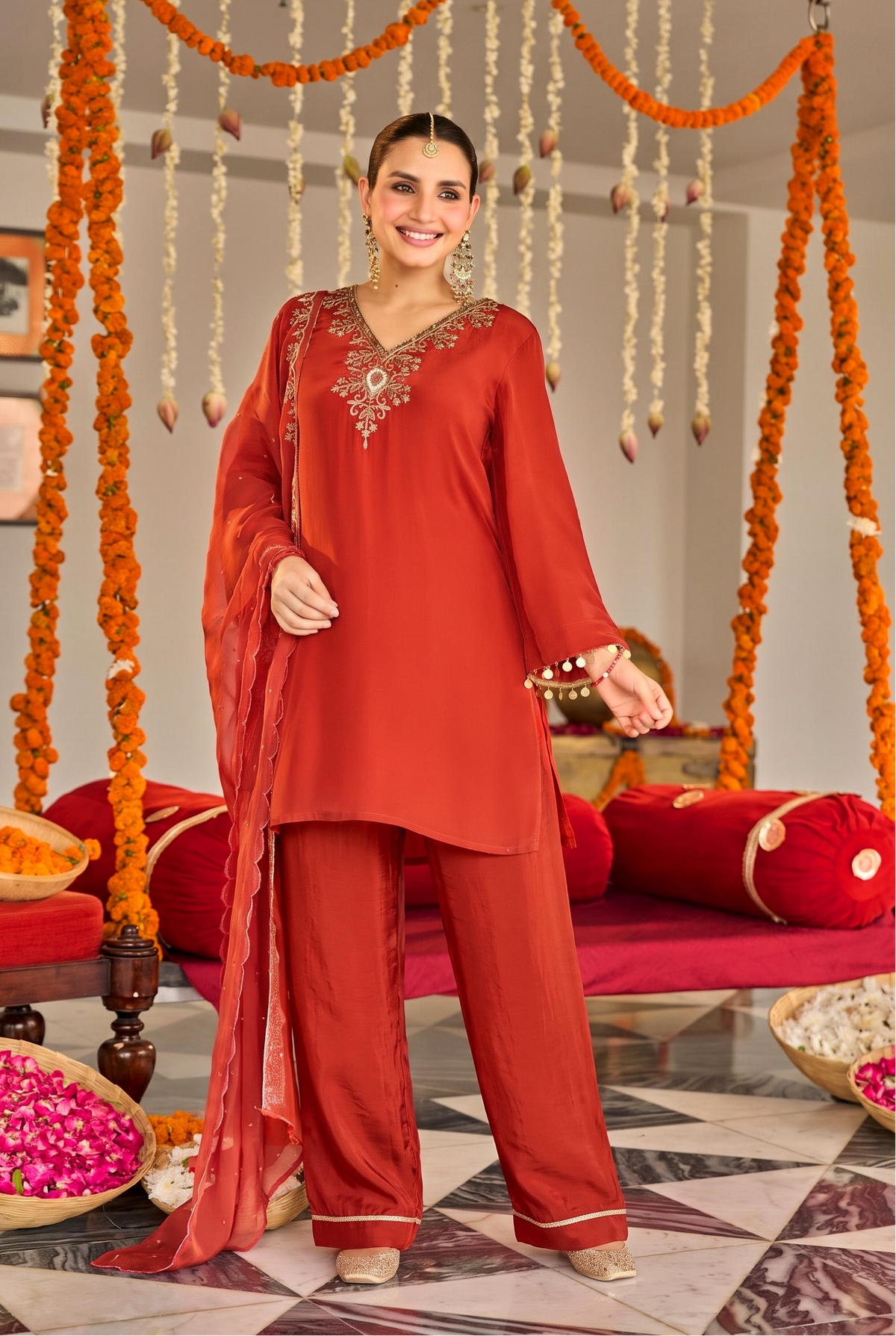 Burnt Orange Embroidered Suit Set