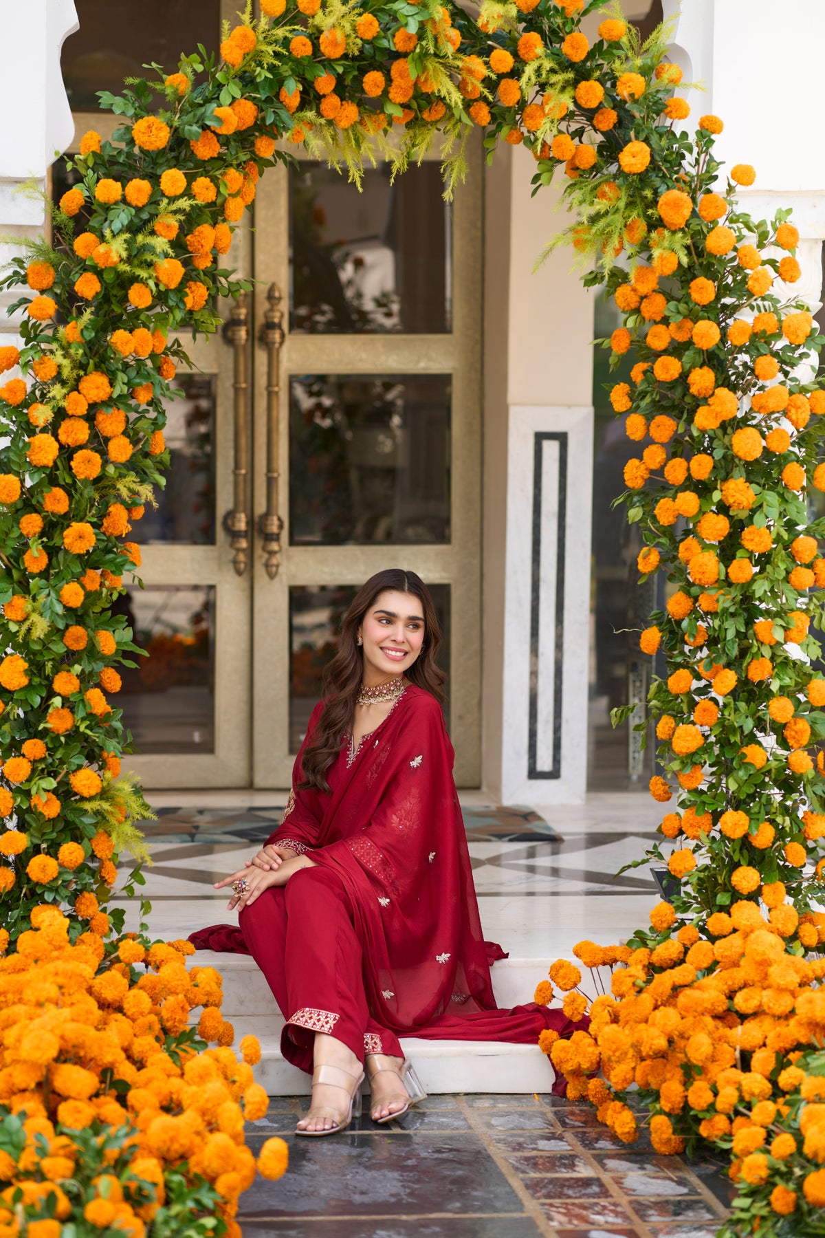Crimson Bloom Embroidered Suit Set