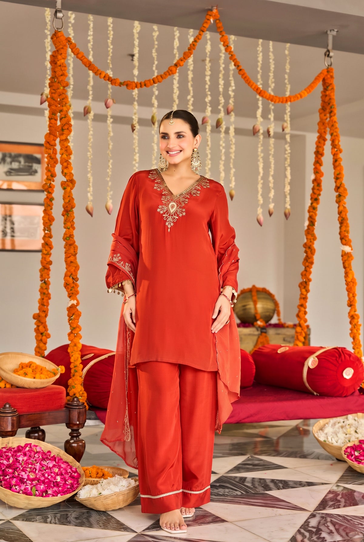 Burnt Orange Embroidered Suit Set