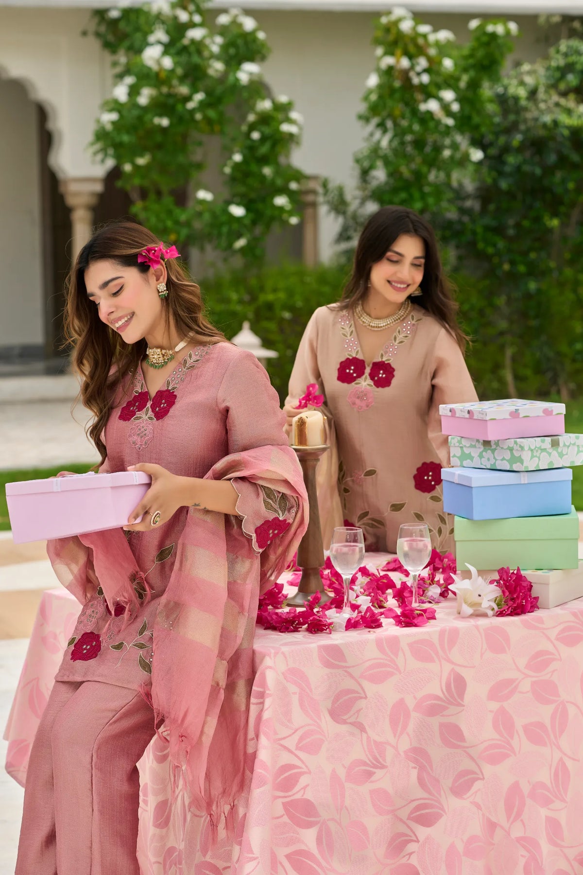 Beige Blossom Embroidered Suit Set