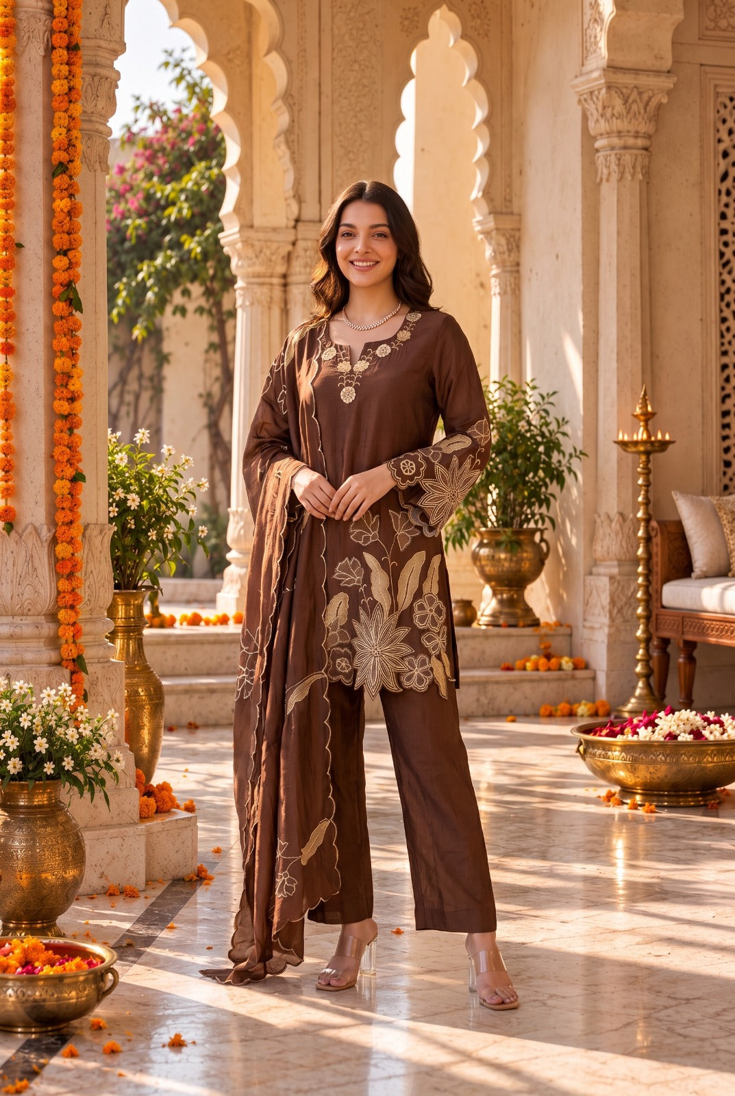 Mocha Bloom Kurta Set