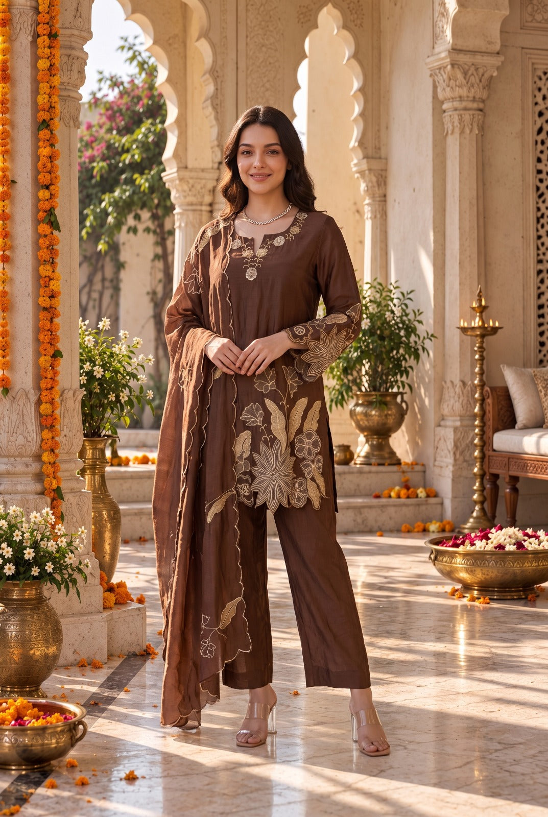 Mocha Bloom Kurta Set