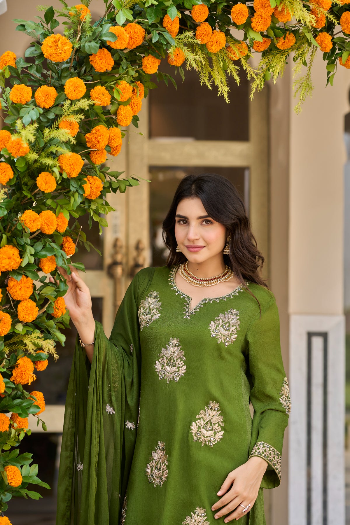 Olive Bloom Embroidered Kurta Set