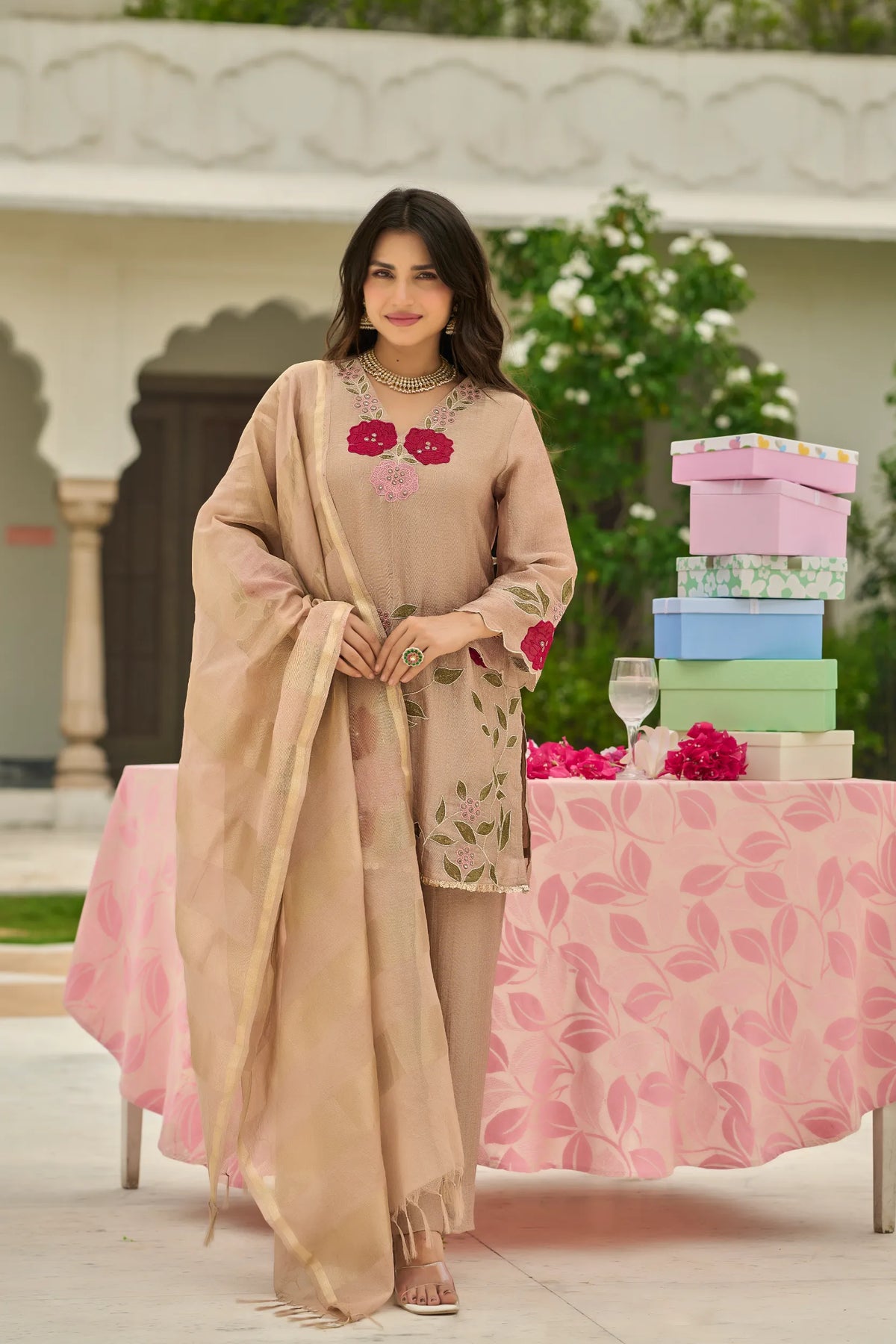 Beige Blossom Embroidered Suit Set