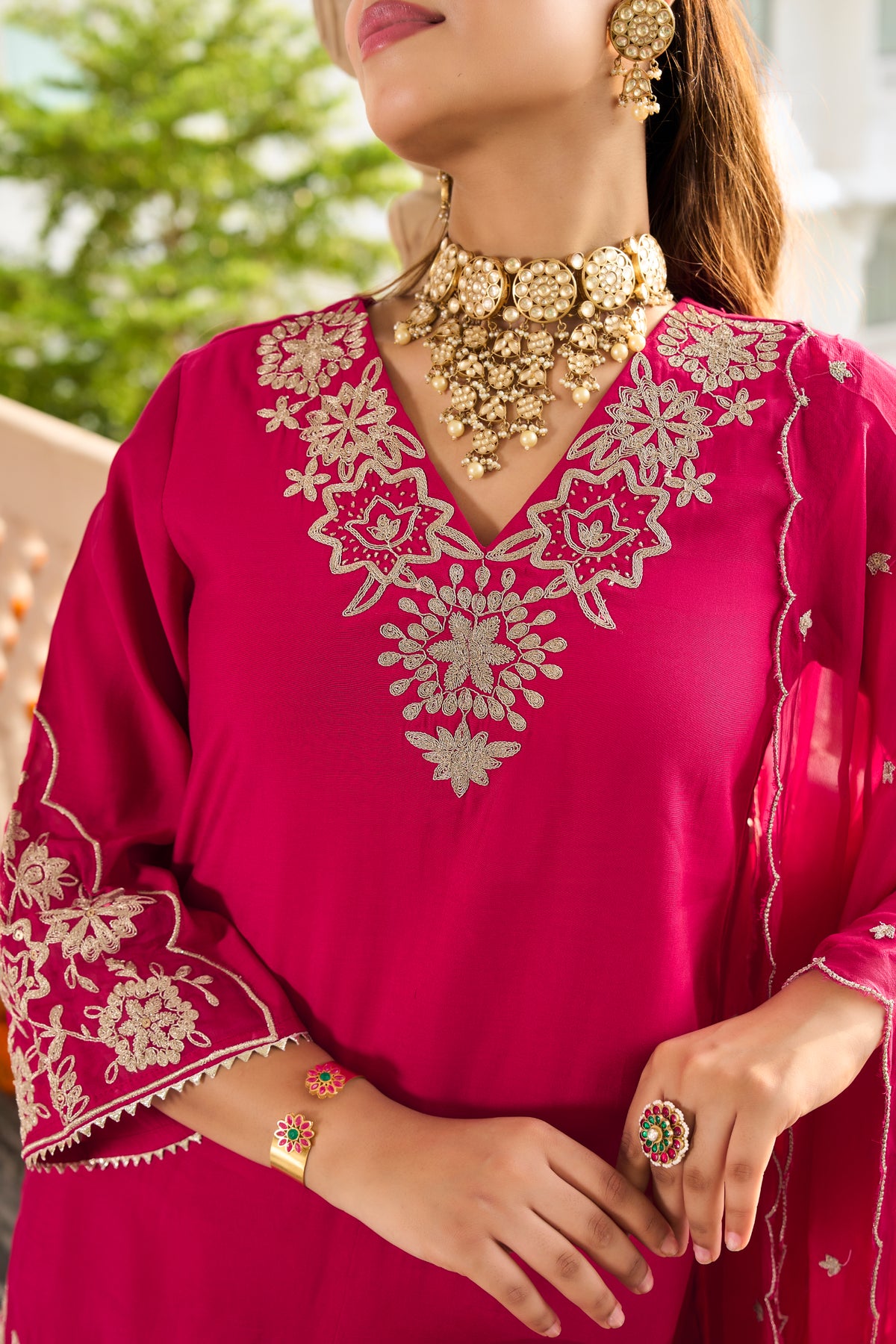 Fuchsia Pink Embroidered Suit Set