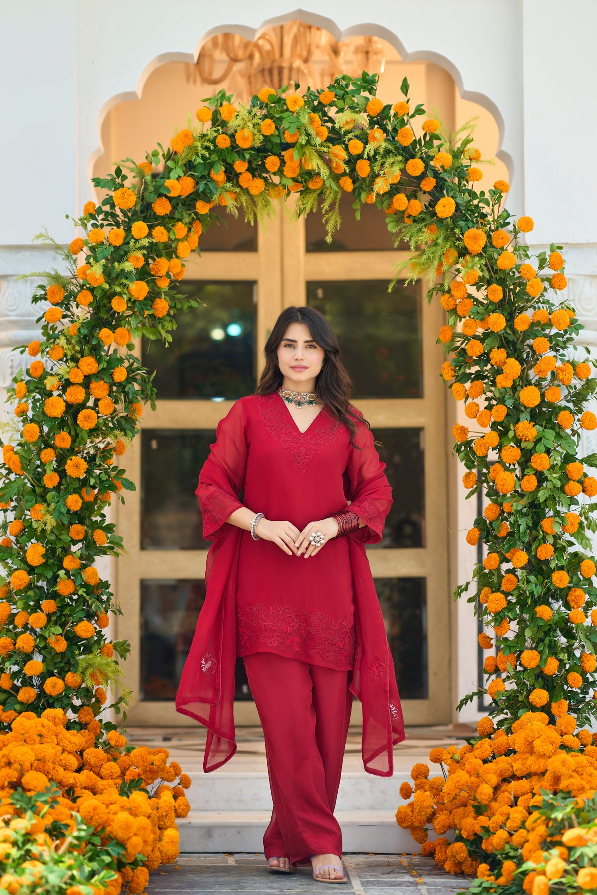 Crimson Red Embroidered Suit Set