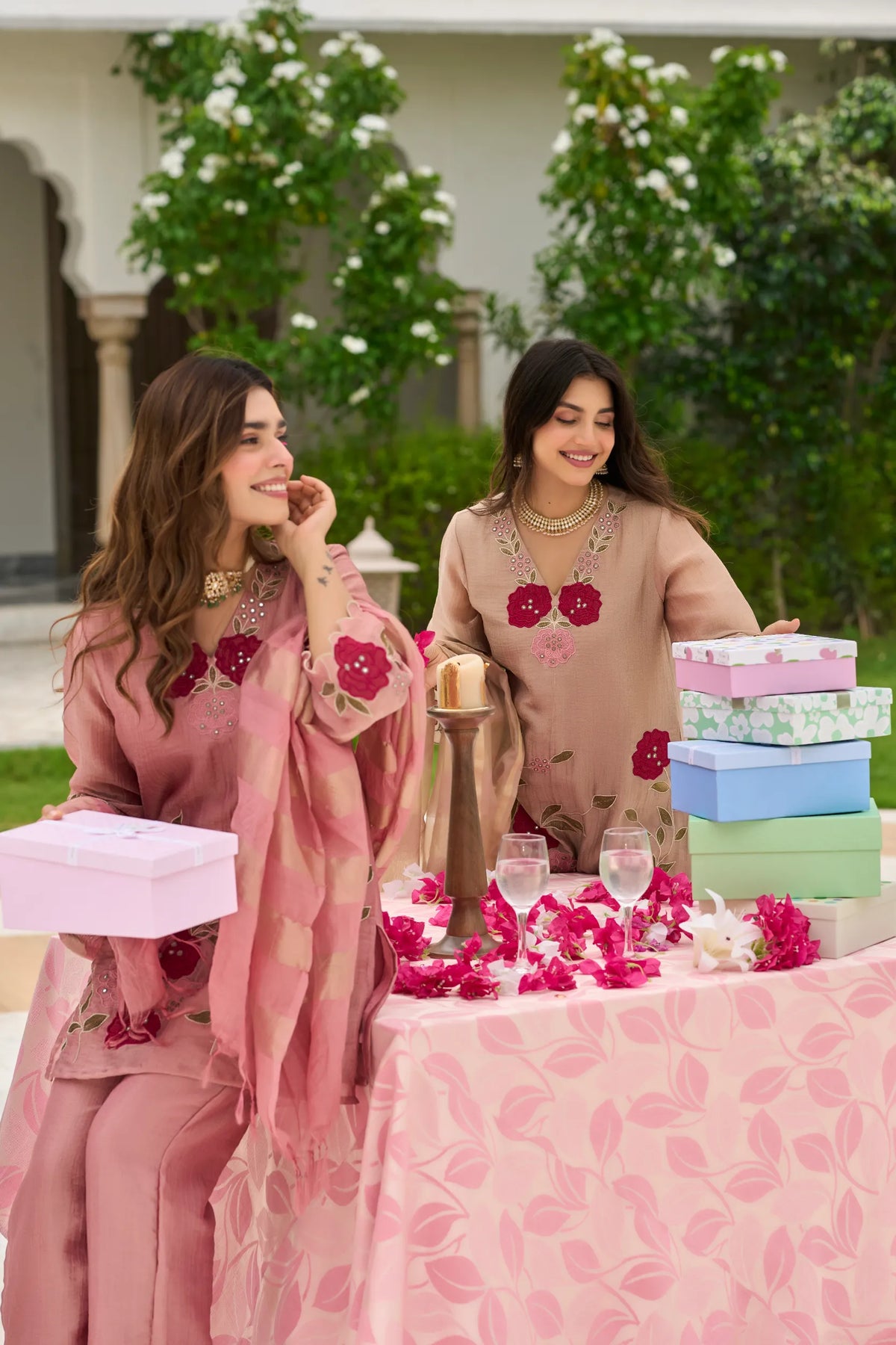 Beige Blossom Embroidered Suit Set