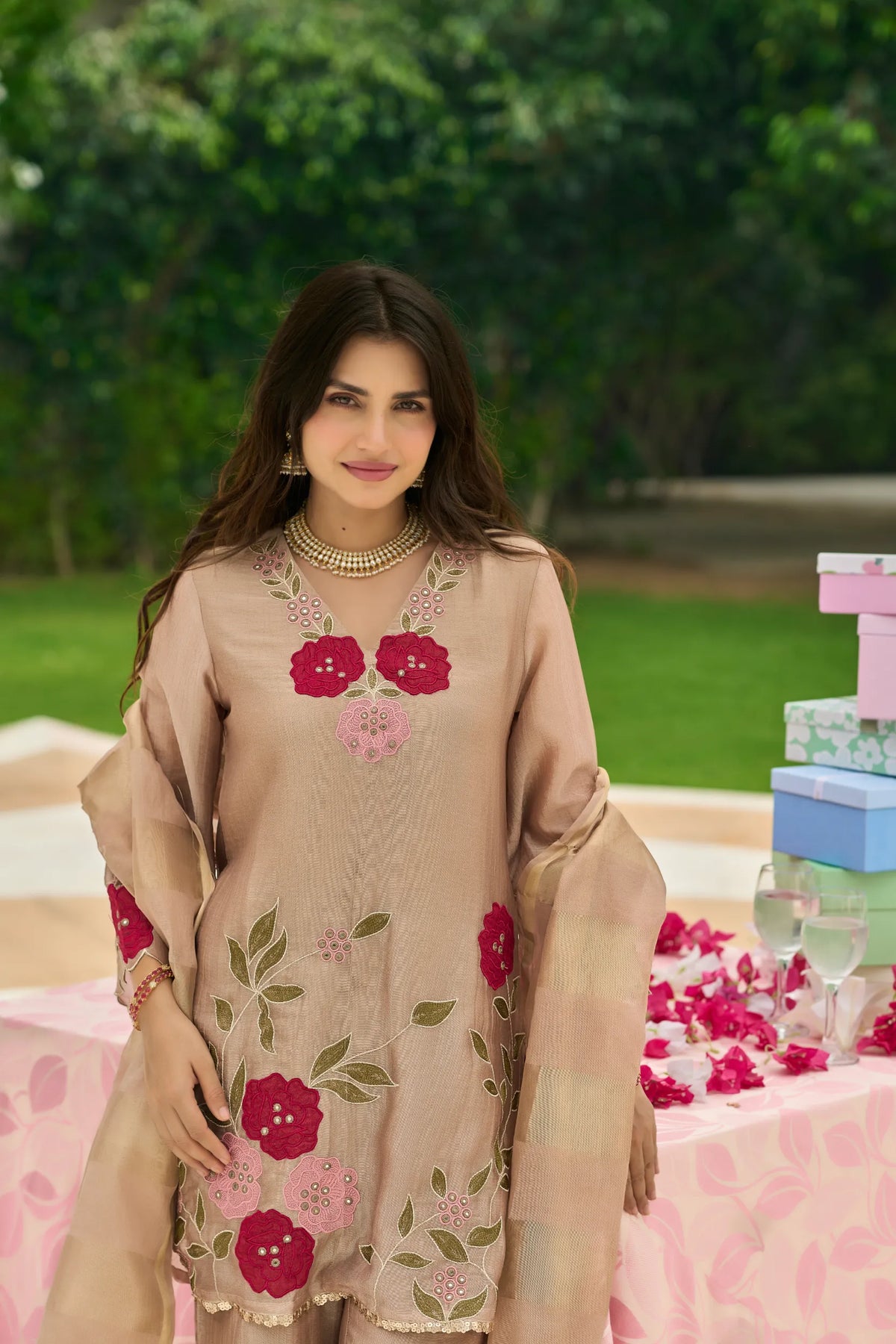 Beige Blossom Embroidered Suit Set
