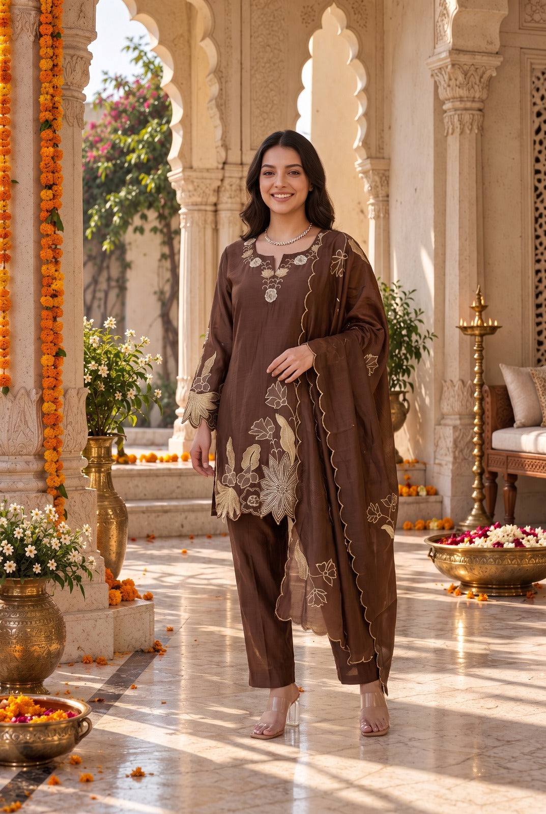 Mocha Bloom Kurta Set