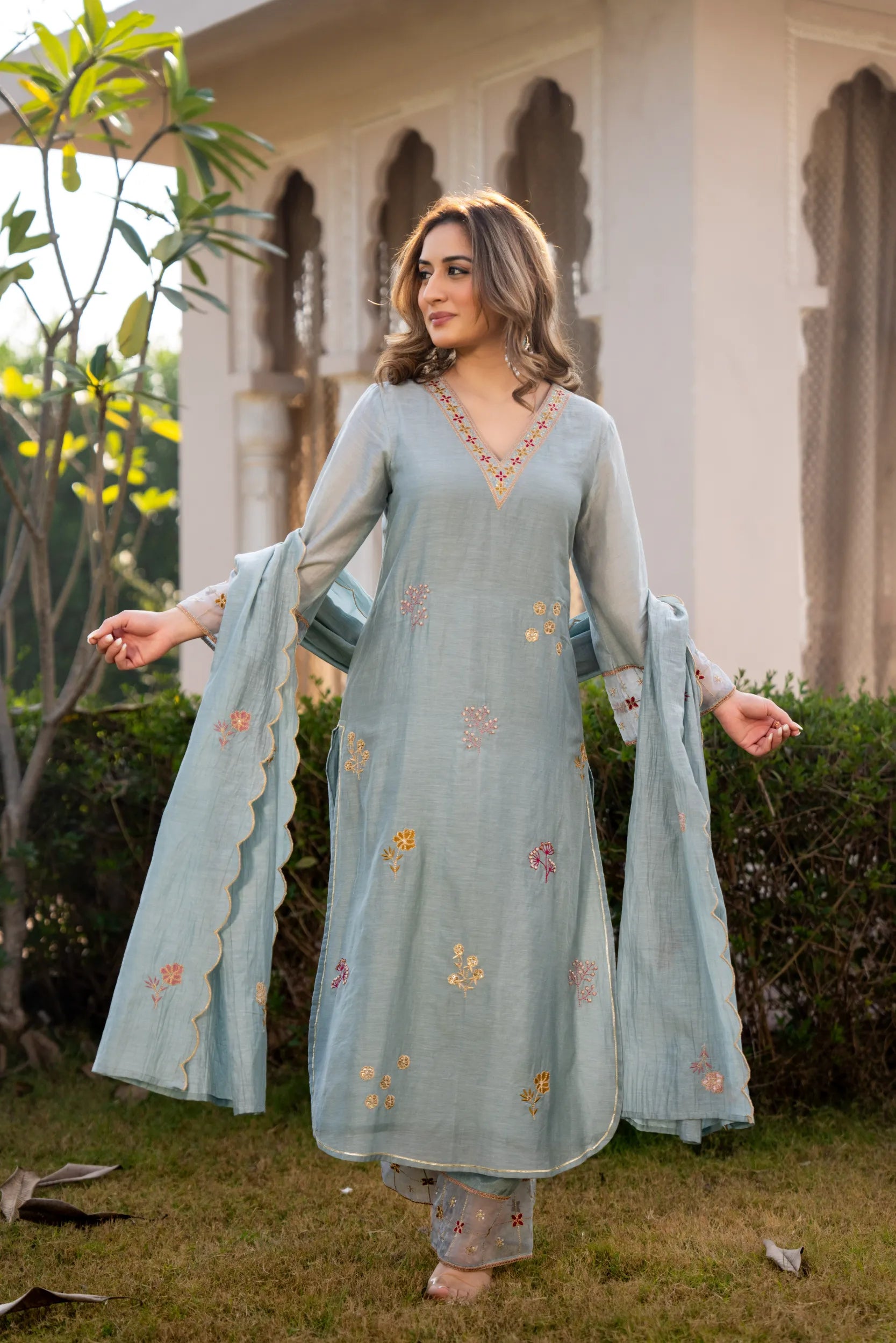 Sky Mist Chanderi Kurta  Set