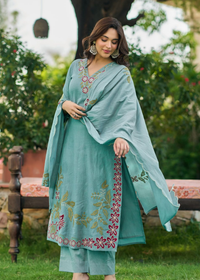 Aqua Blossom Embroidered Suit Set