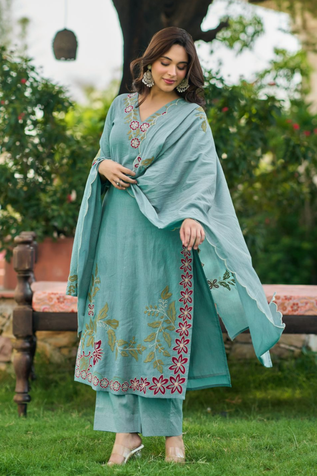 Aqua Blossom Embroidered Suit Set