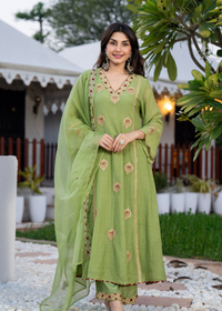 Pista Green Chanderi Embroidered Suit Set