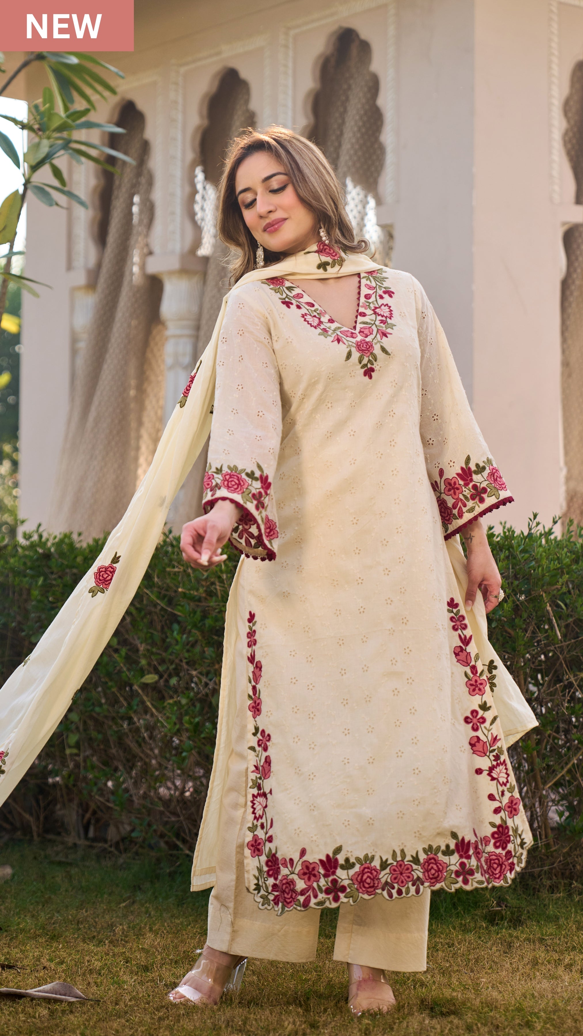 Ivory Blossom Cotton Chiffli Suit Set - Ethnic Wear by Aykaa