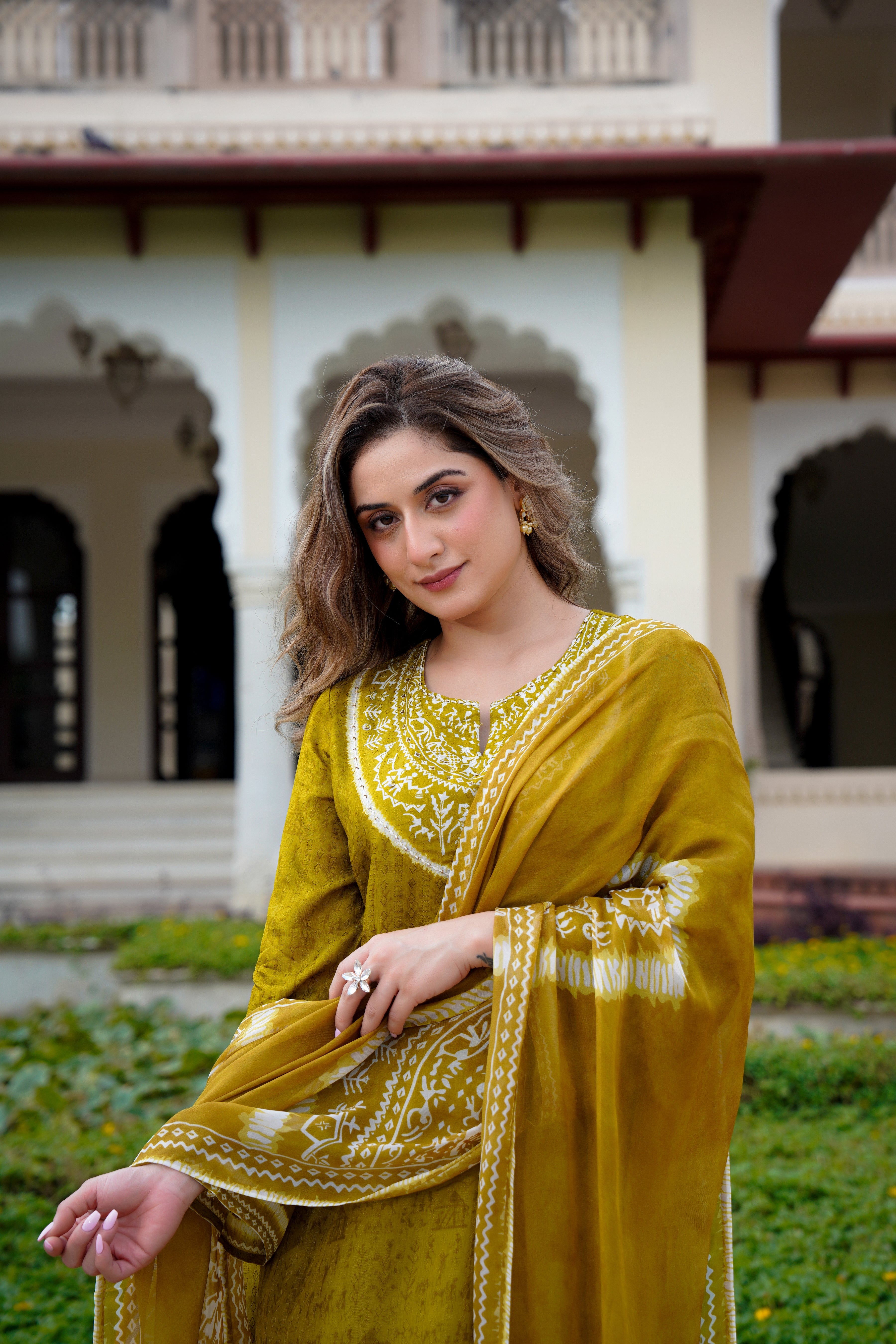 Olive Whisper Russian Silk Printed Suit Set