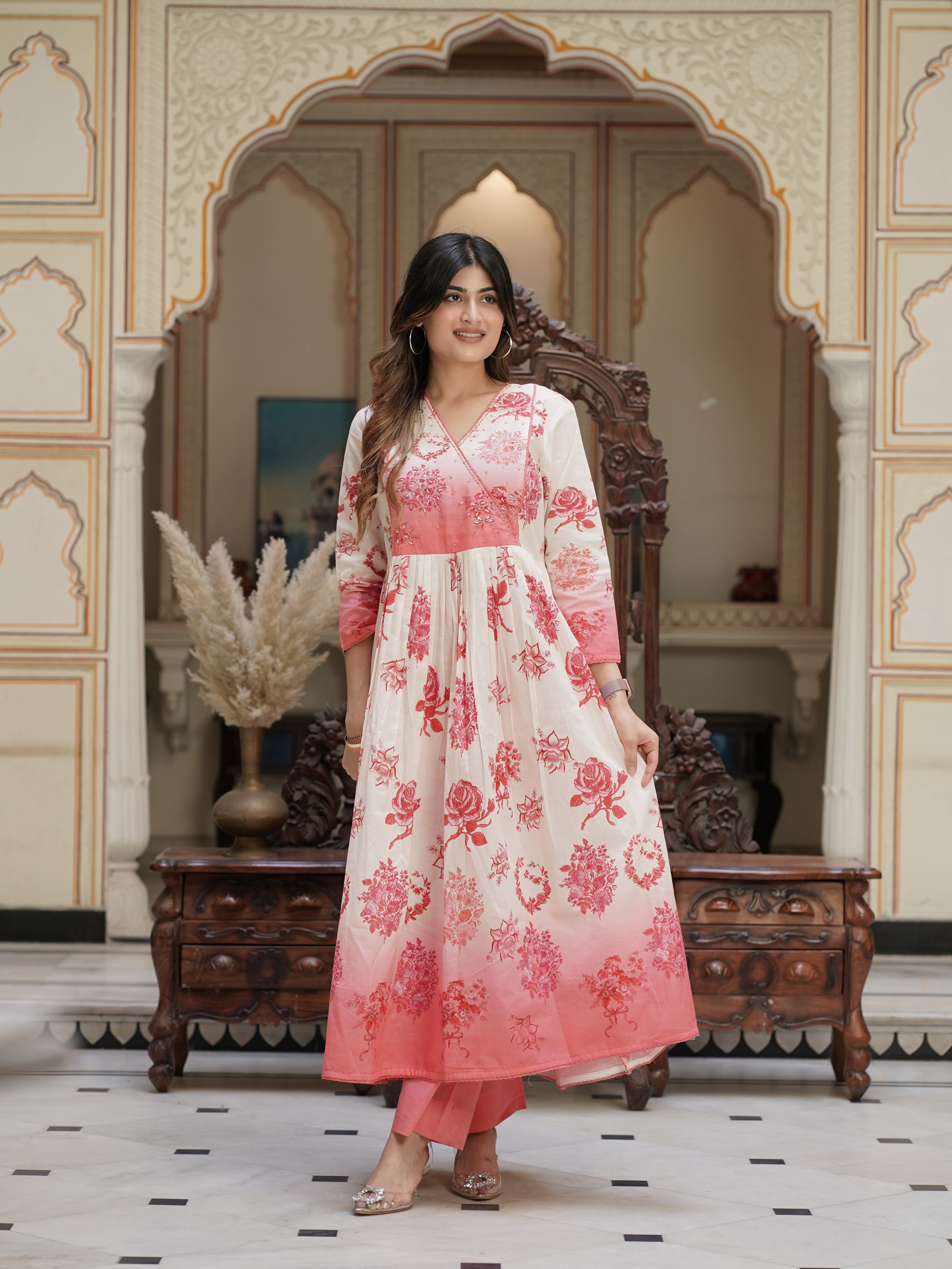 Off White Shades Of Pink Cotton Anarkali Set