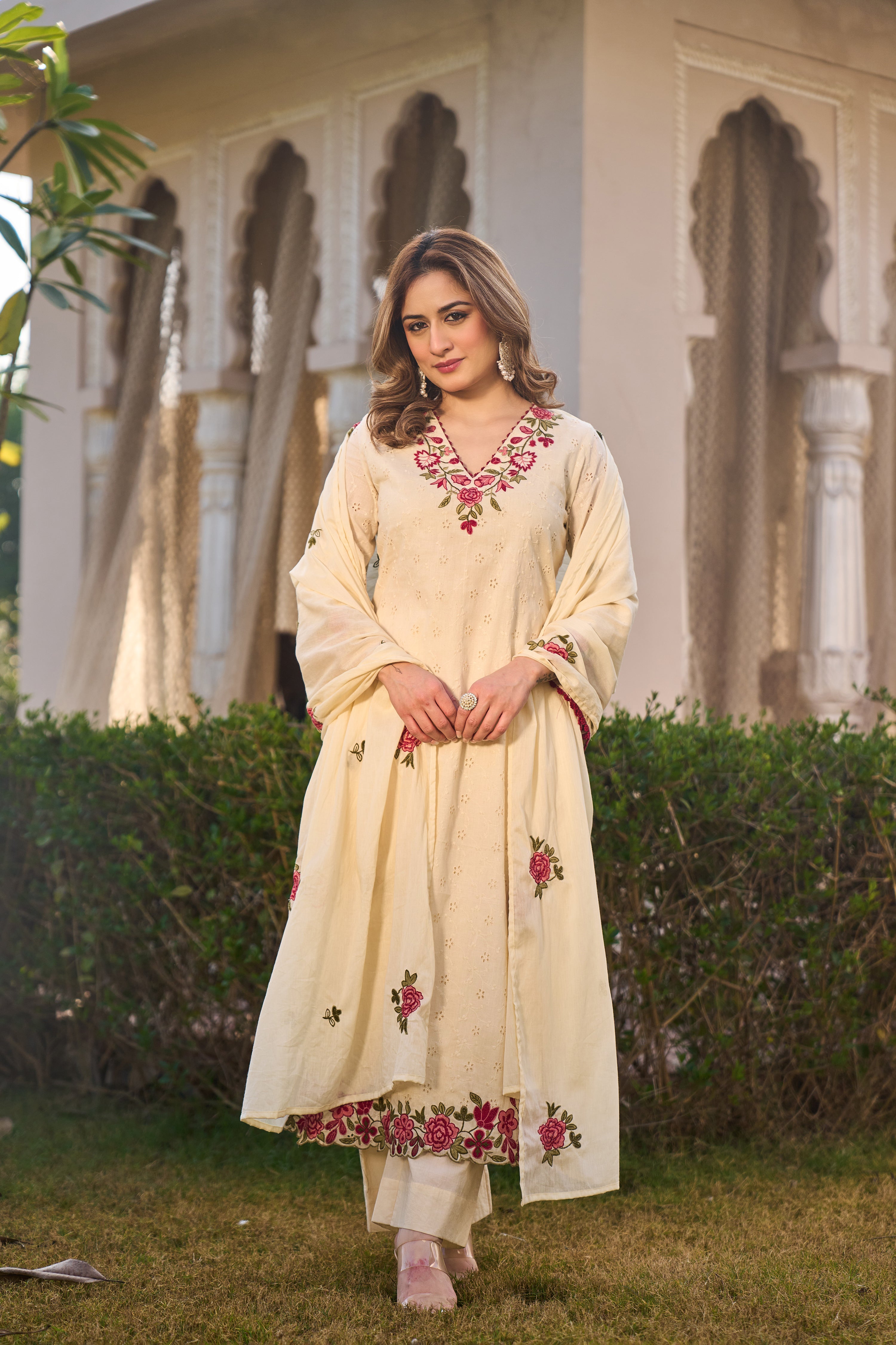 Ivory Blossom Cotton Chiffli Suit Set