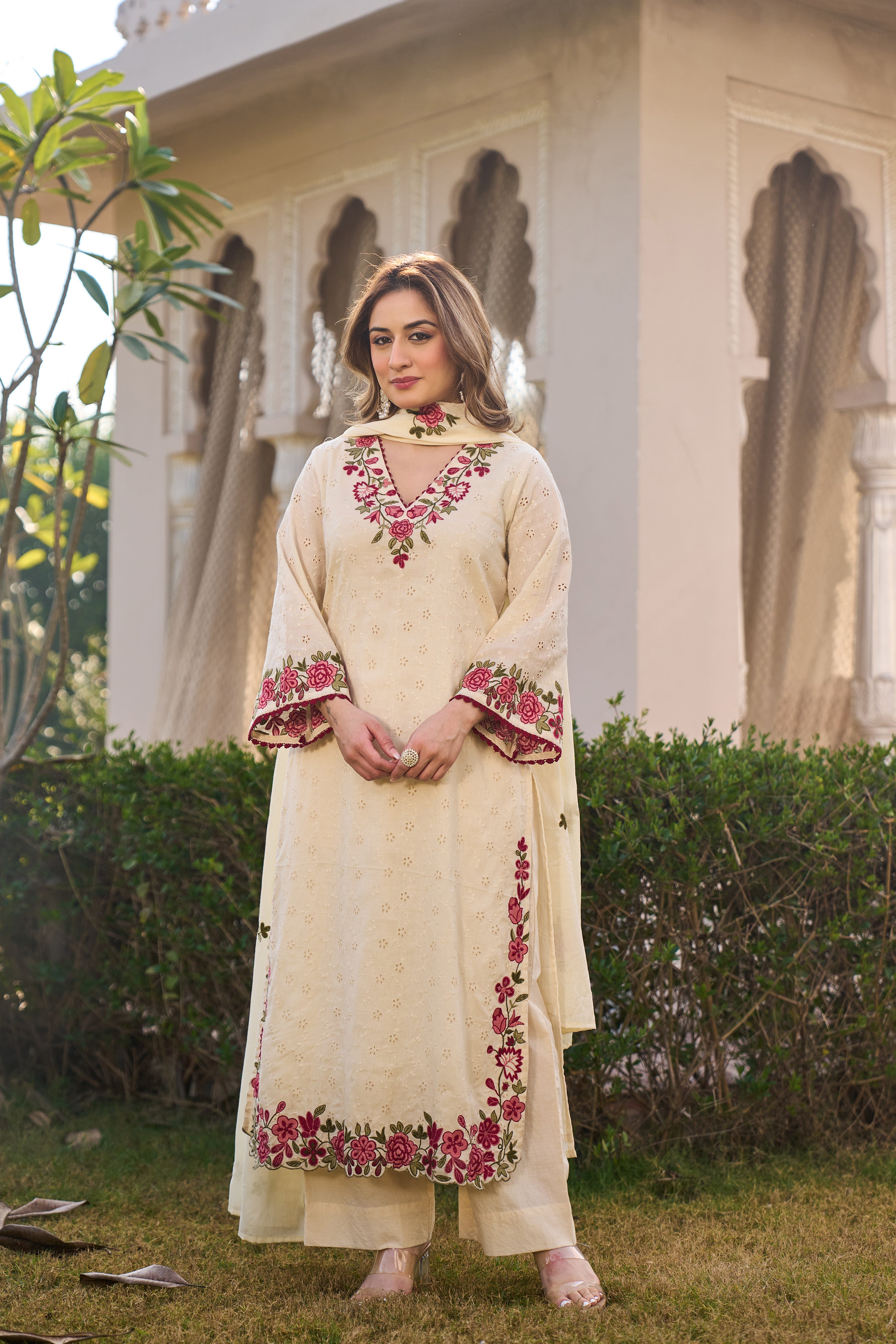Ivory Blossom Cotton Chiffli Suit Set