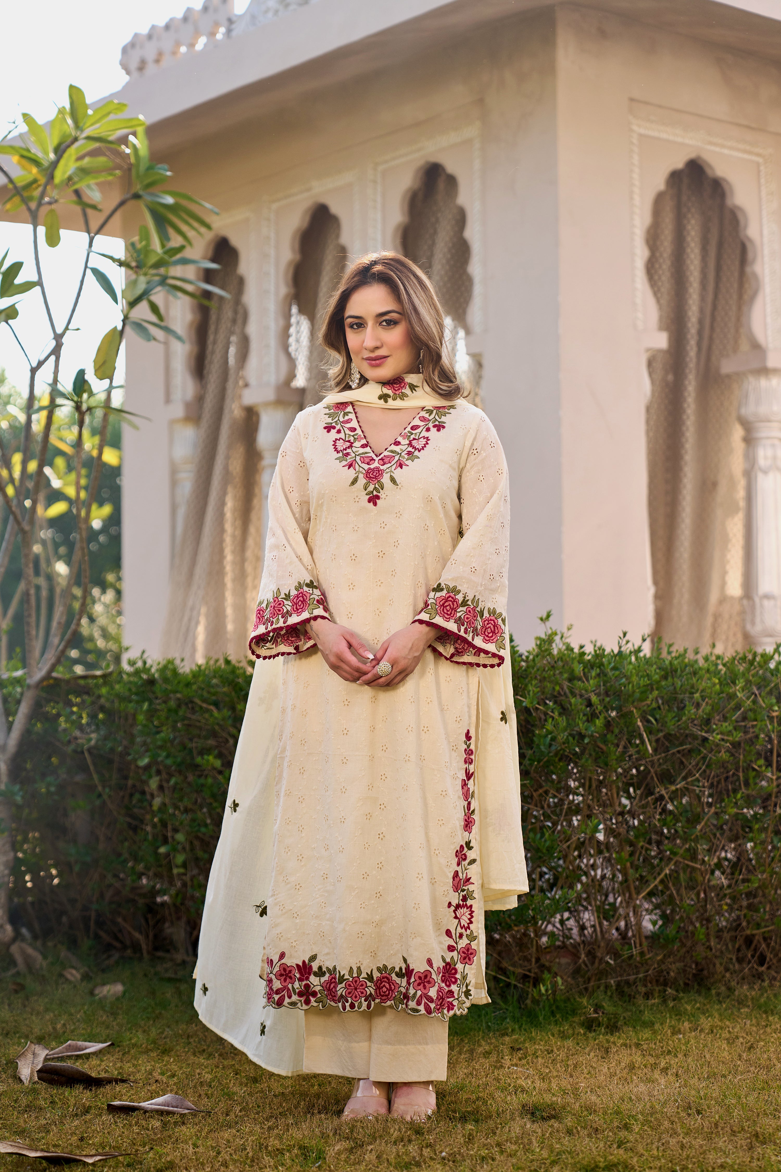 Ivory Blossom Cotton Chiffli Suit Set
