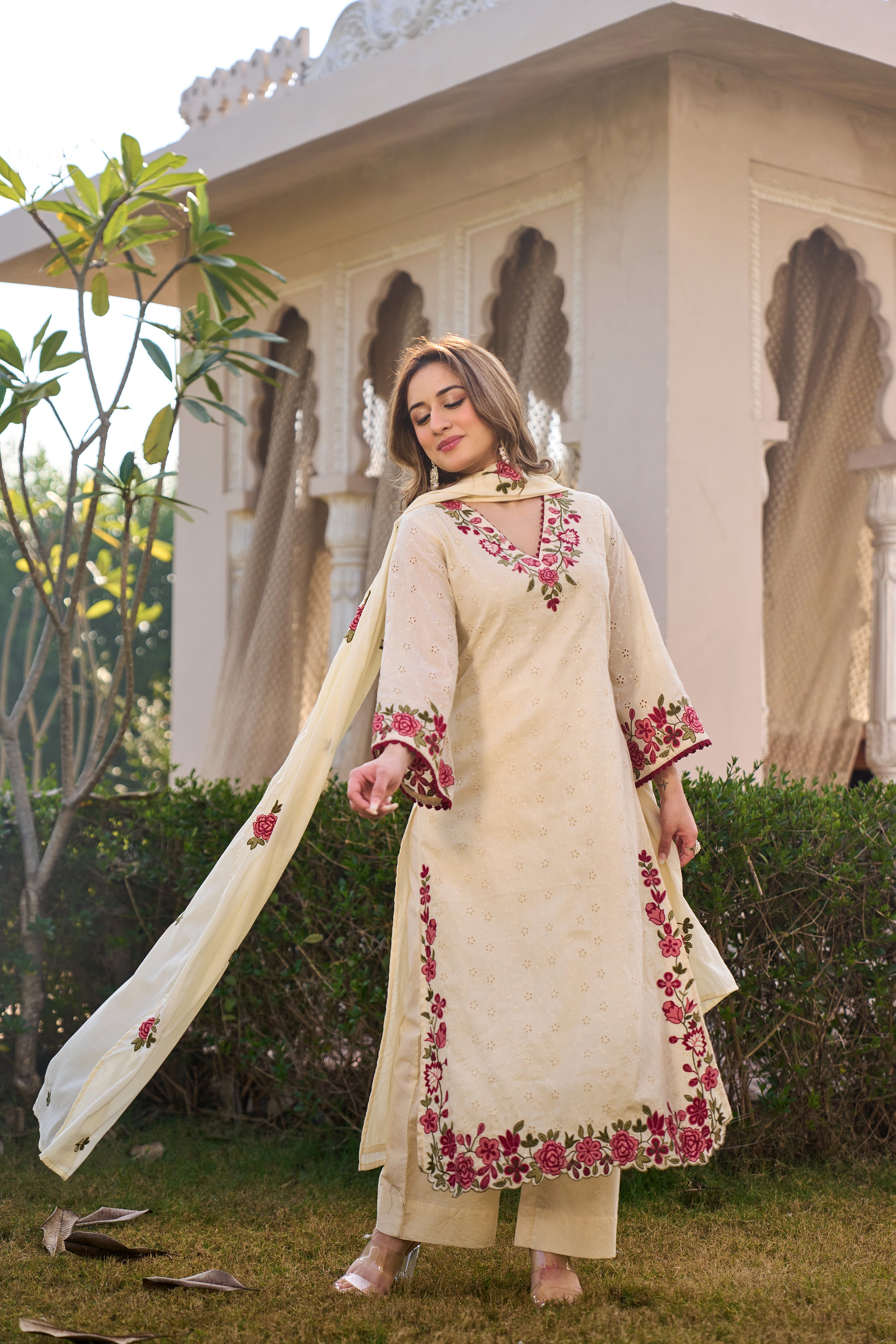 Ivory Blossom Cotton Chiffli Suit Set