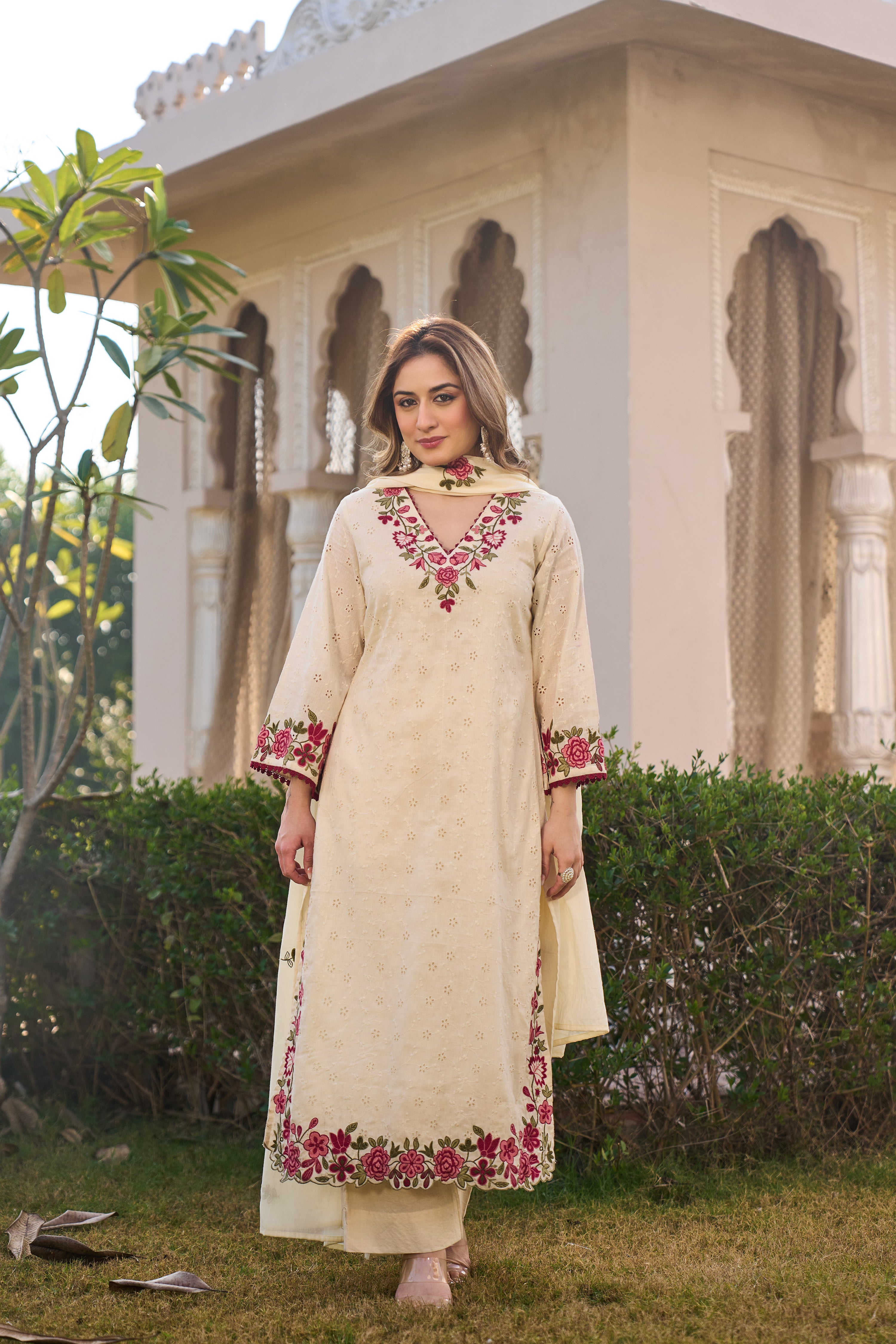 Ivory Blossom Cotton Chiffli Suit Set