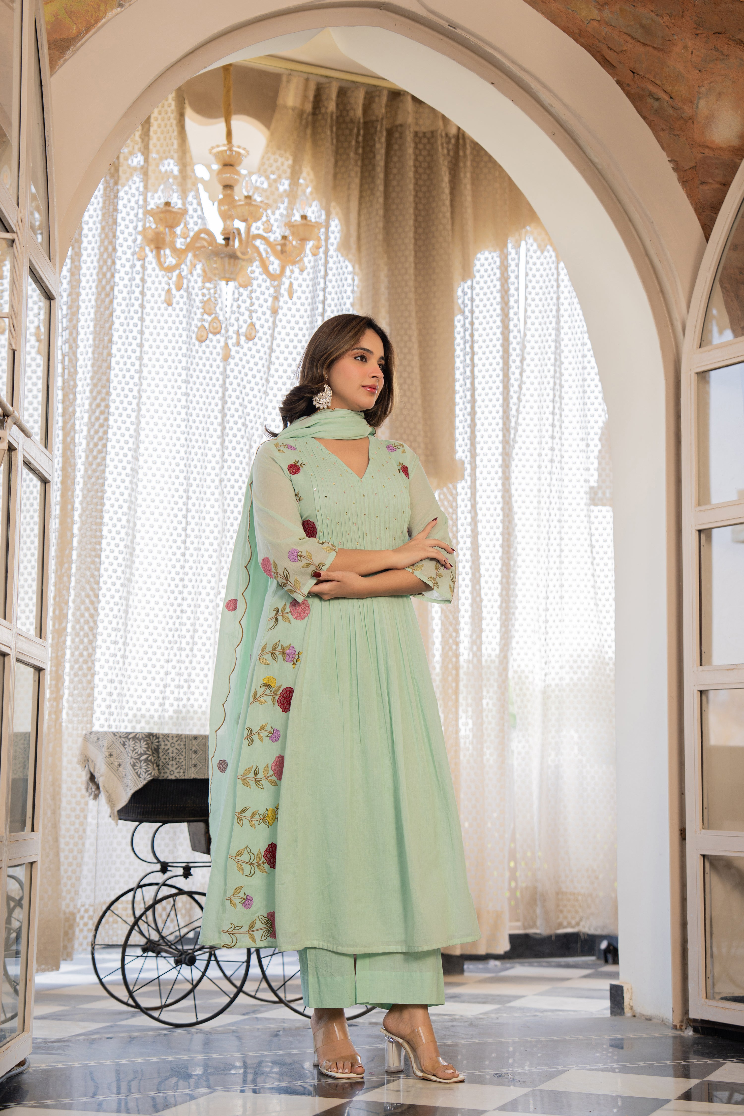 Mint Petal Dream Green Cotton Suit Set | Embroidered A-line Kurta | Buy  Online India  Aykaa