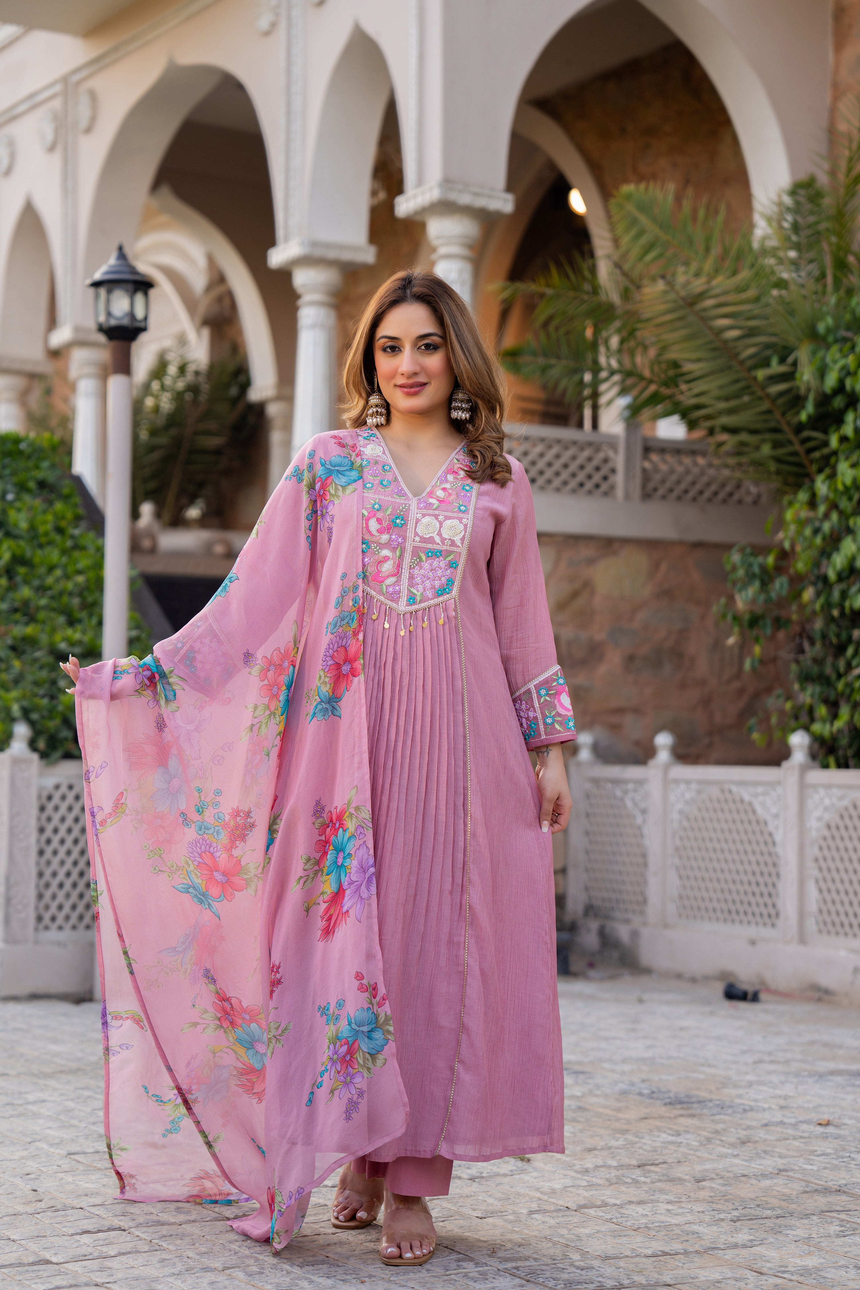 Rose Lilac Chanderi Embroidered Suit Set