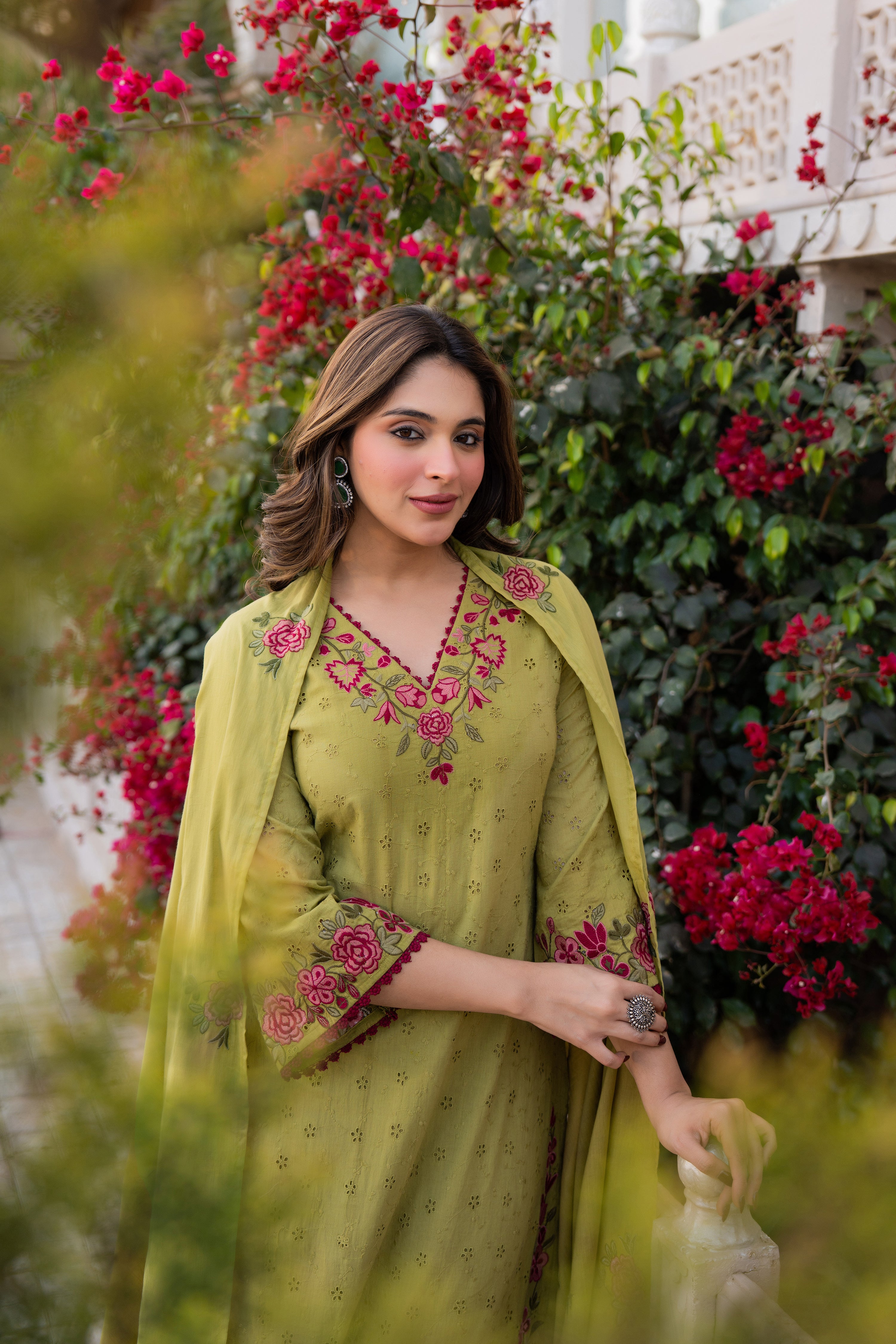 Olive Bloom Cotton Chiffli Suit Set