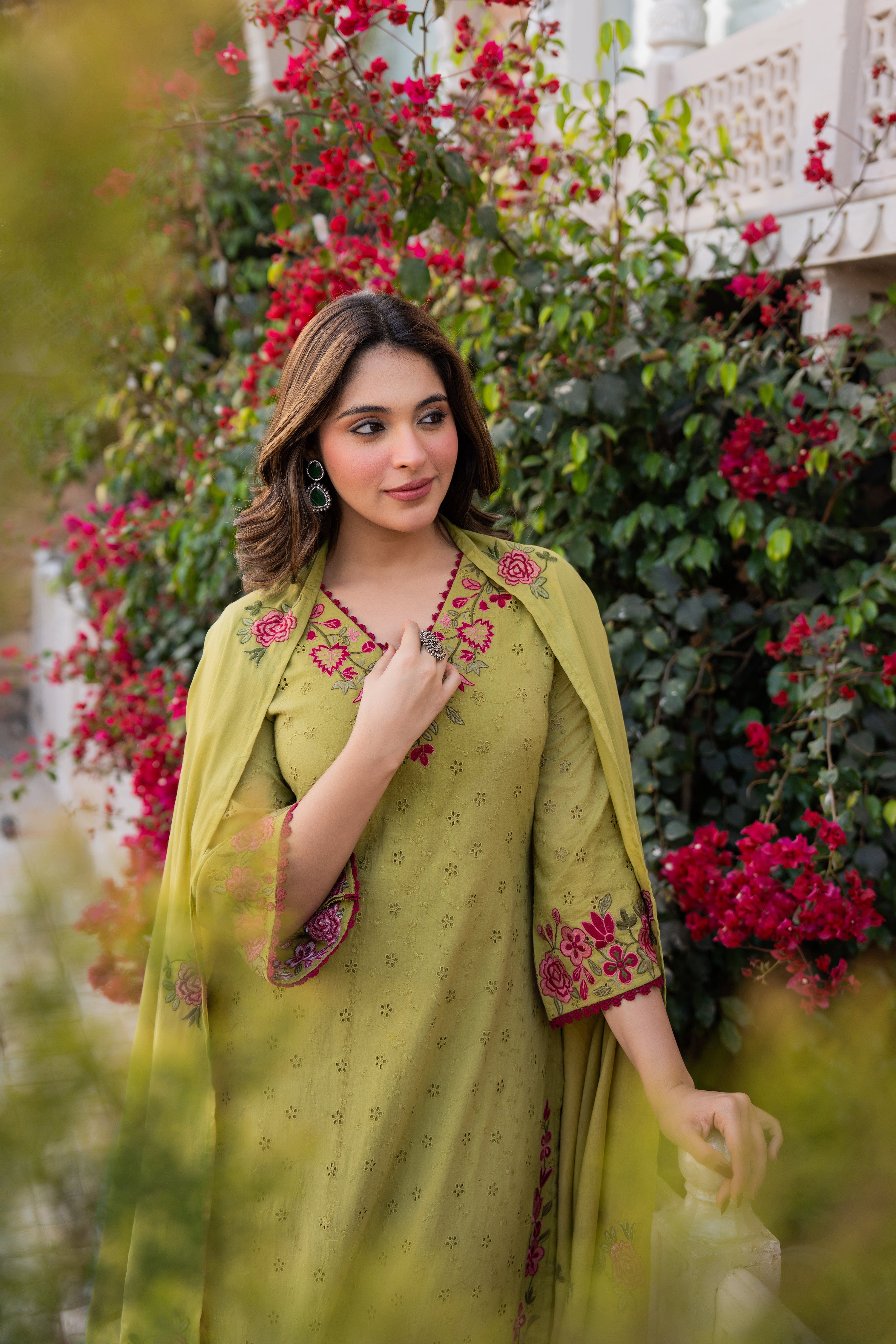 Olive Bloom Cotton Chiffli Suit Set
