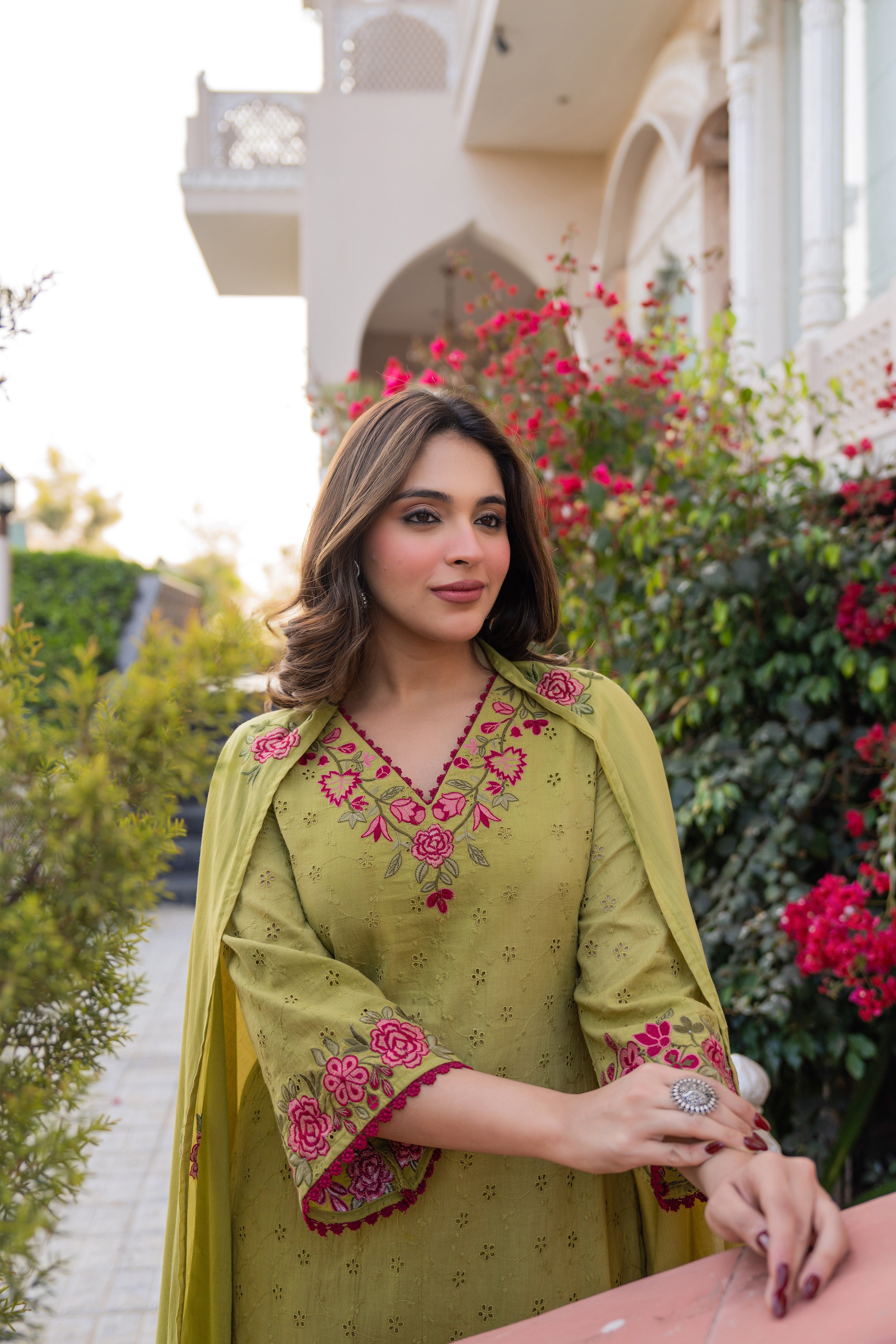 Olive Bloom Cotton Chiffli Suit Set