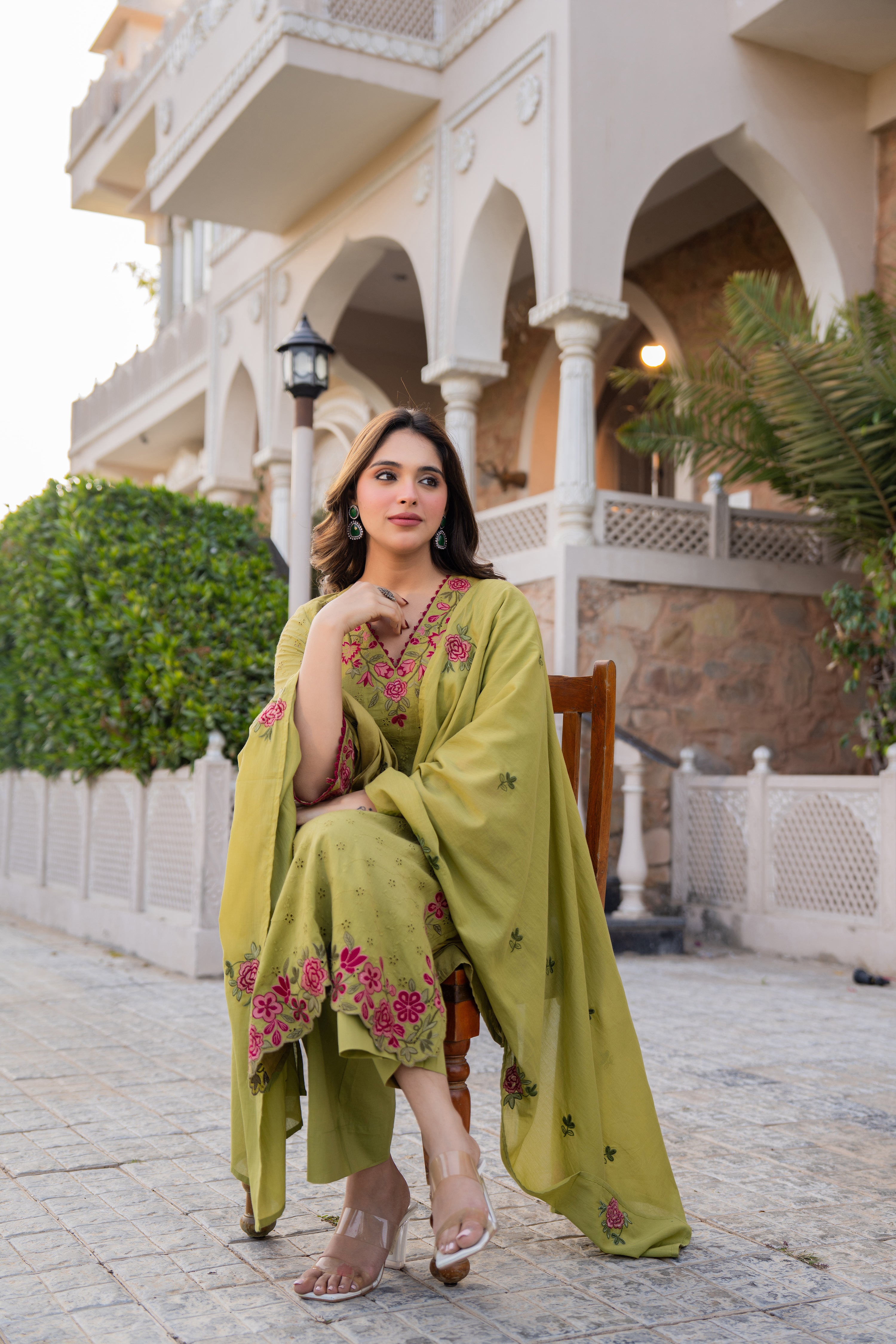 Olive Bloom Cotton Chiffli Suit Set