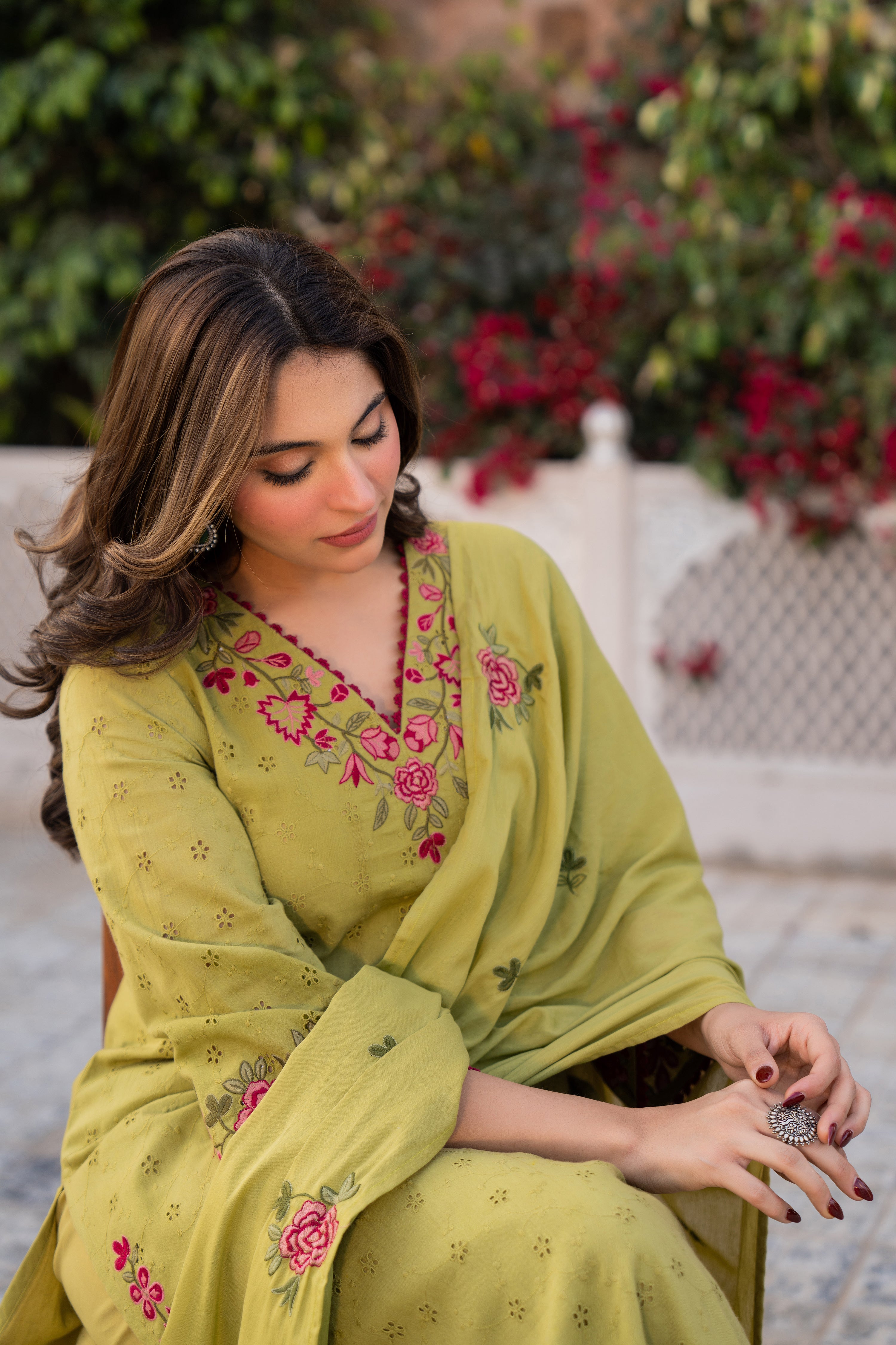 Olive Bloom Cotton Chiffli Suit Set