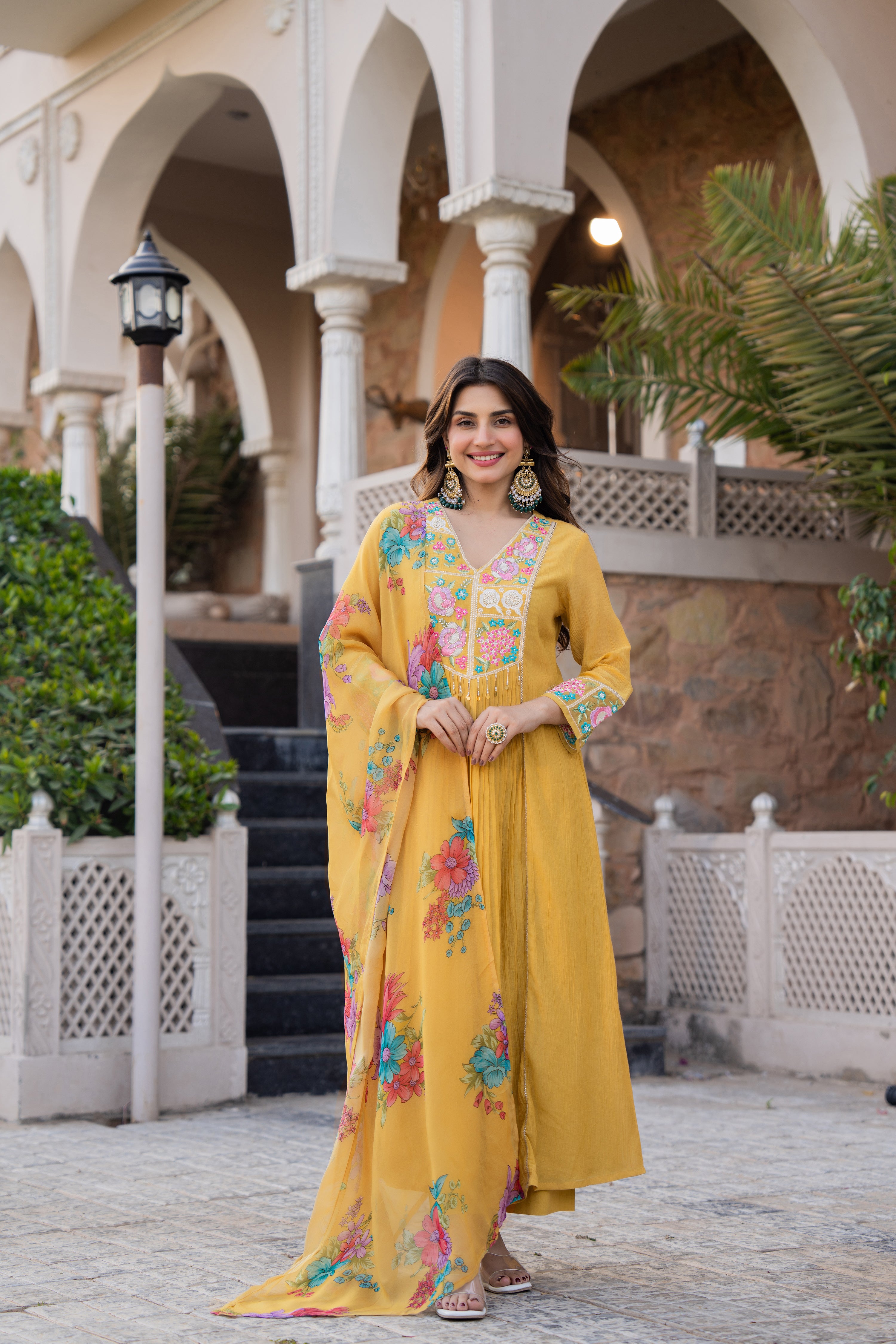 Mustard Yellow Crush Embroidered Suit Set