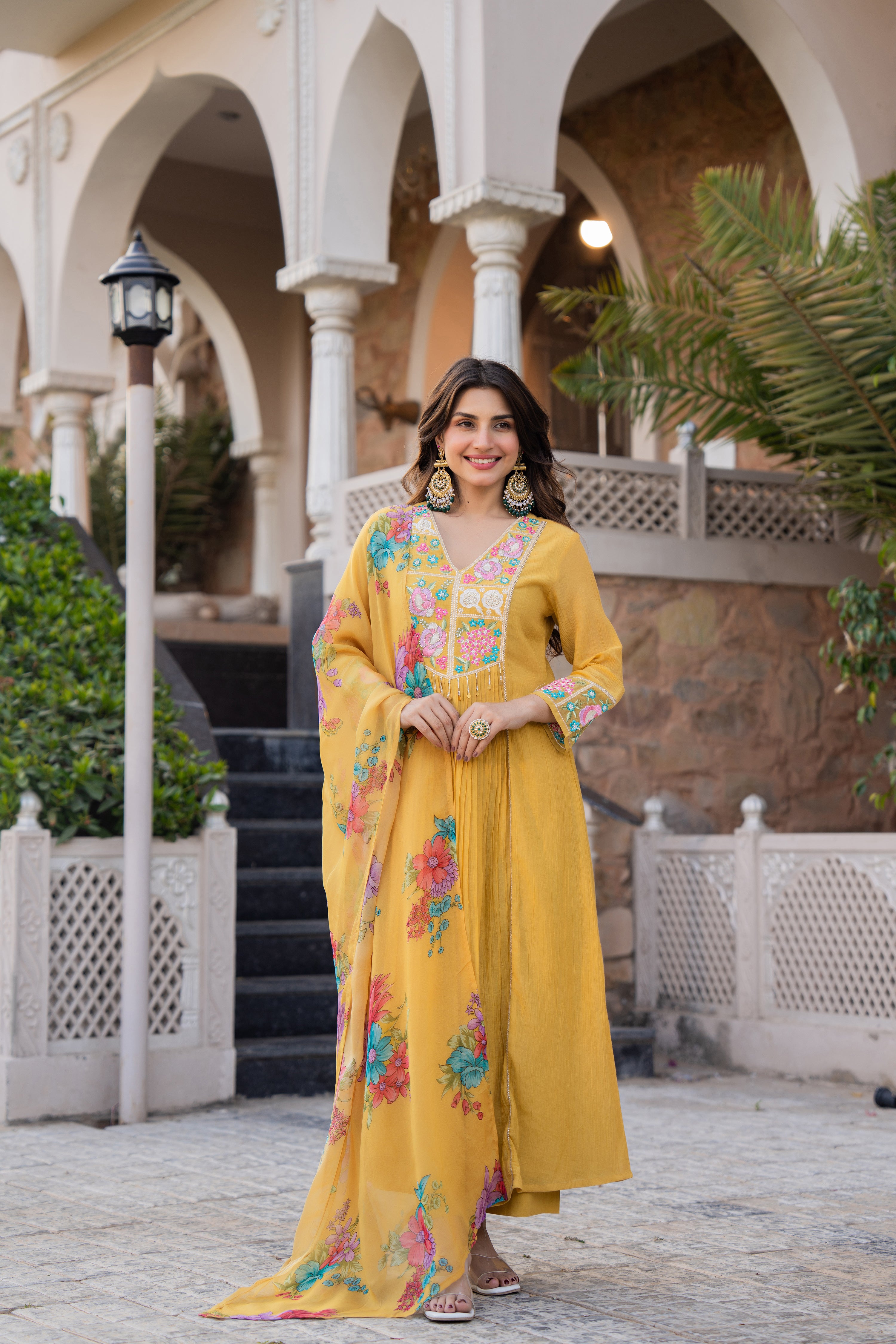 Mustard Yellow Chanderi Embroidered Suit Set