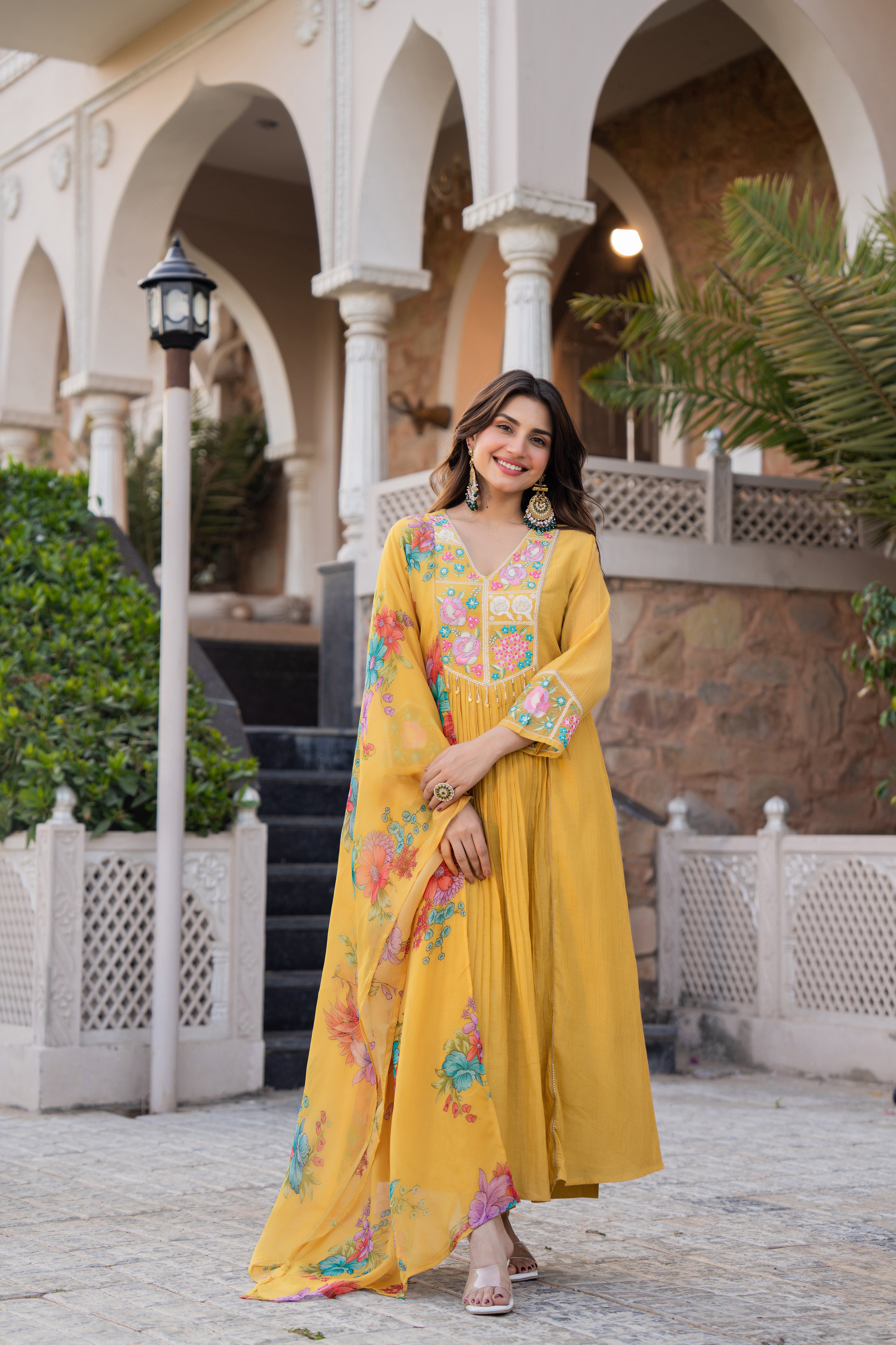 Mustard Yellow Crush Embroidered Suit Set