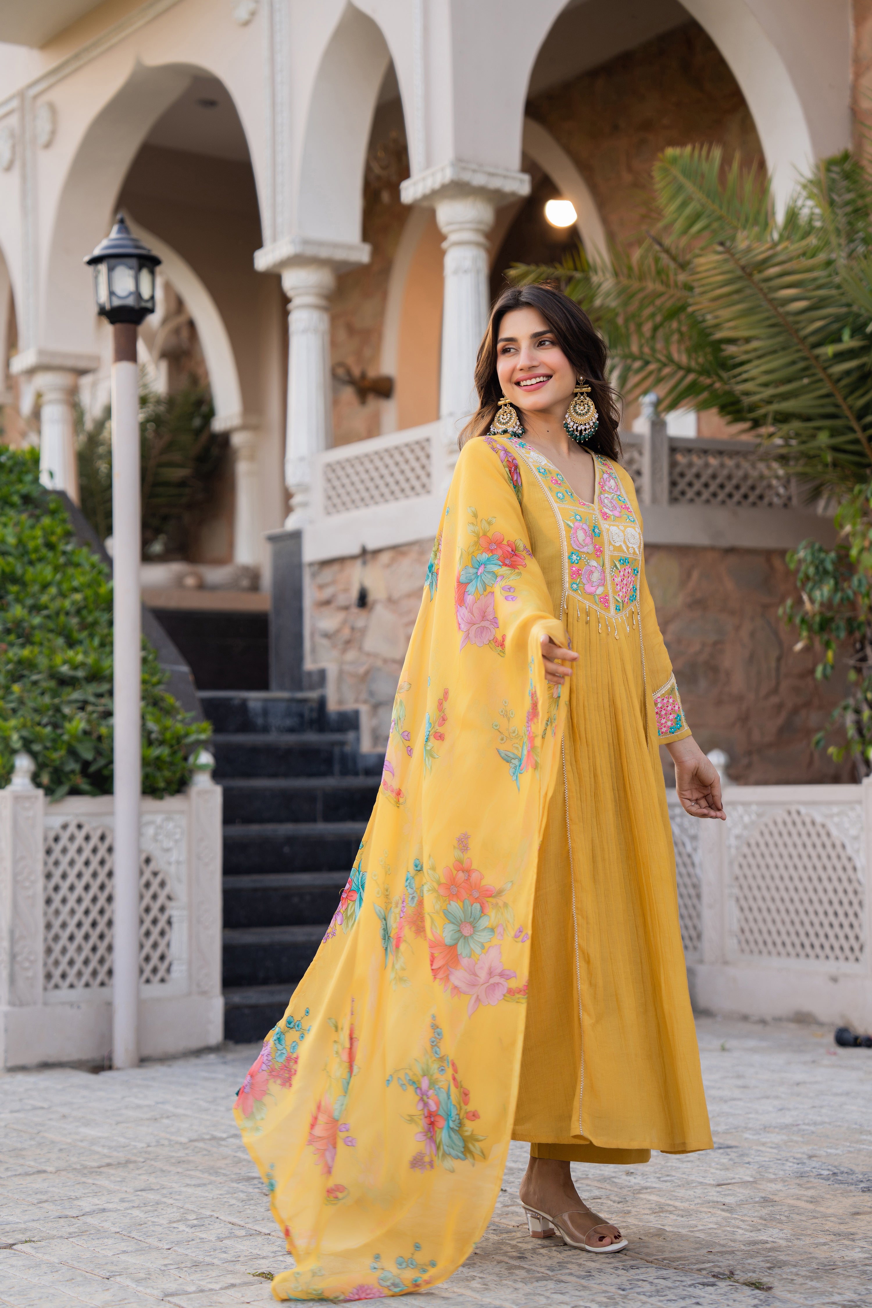 Mustard Yellow Crush Embroidered Suit Set