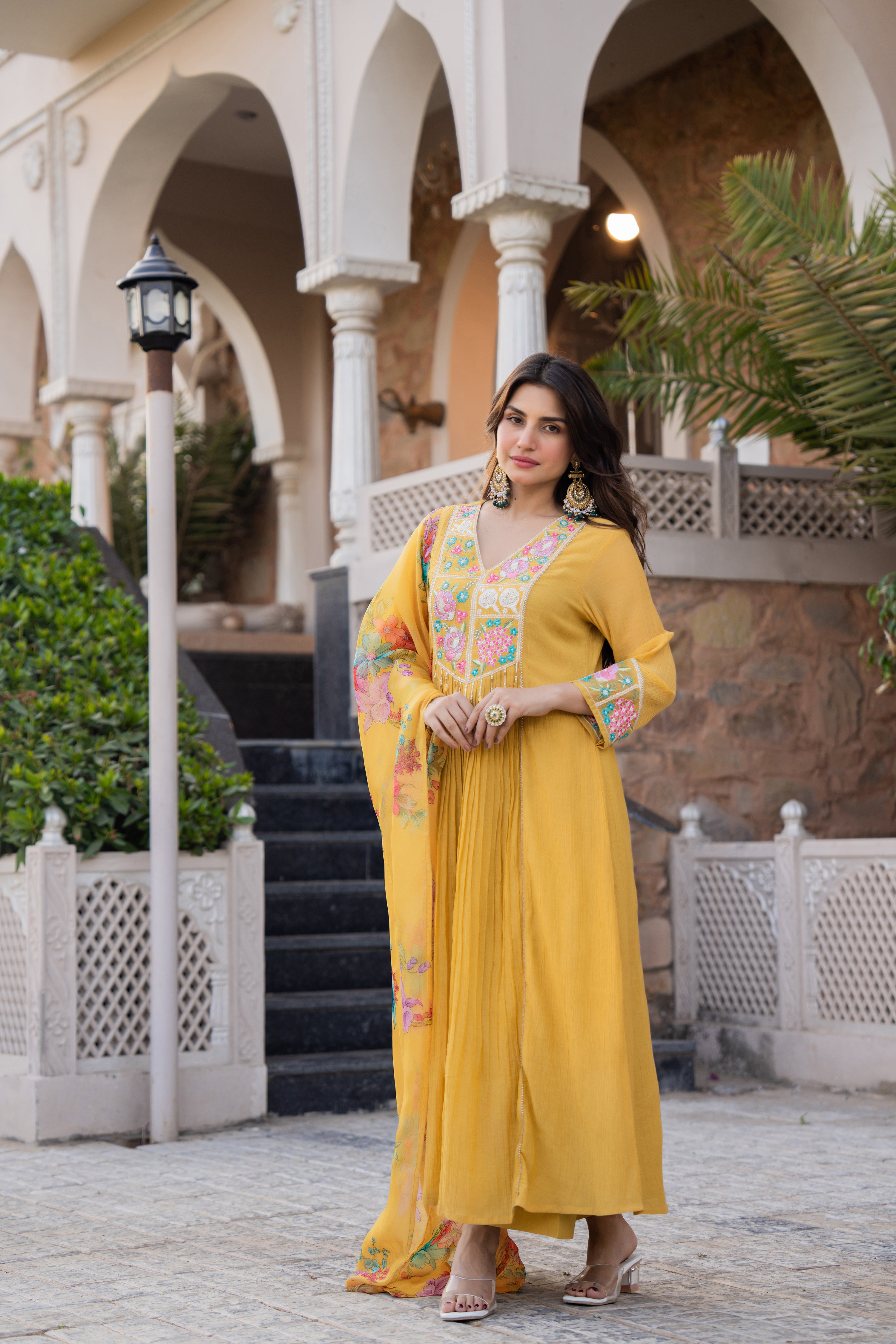 Mustard Yellow Crush Embroidered Suit Set