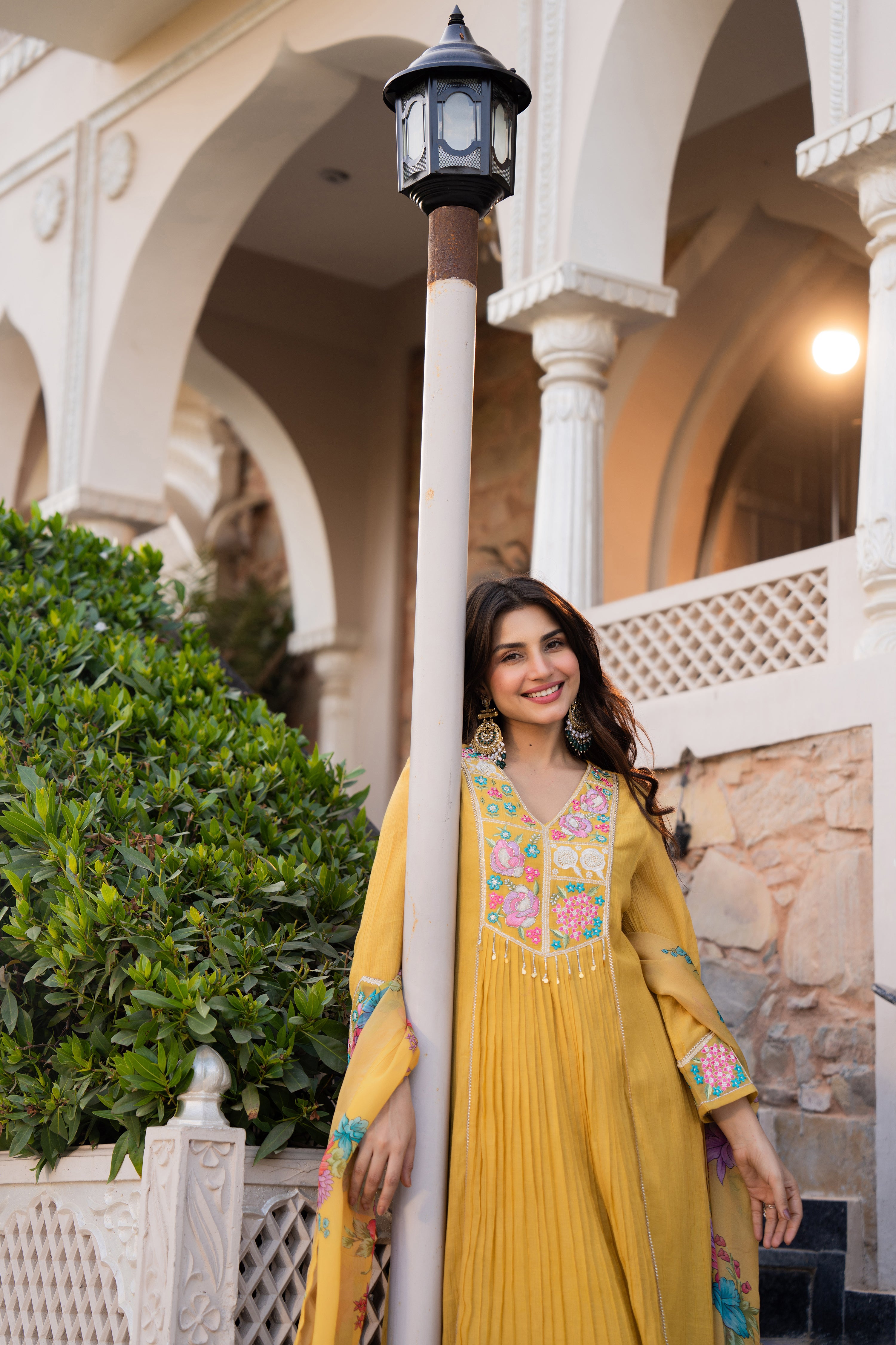 Mustard Yellow Crush Embroidered Suit Set
