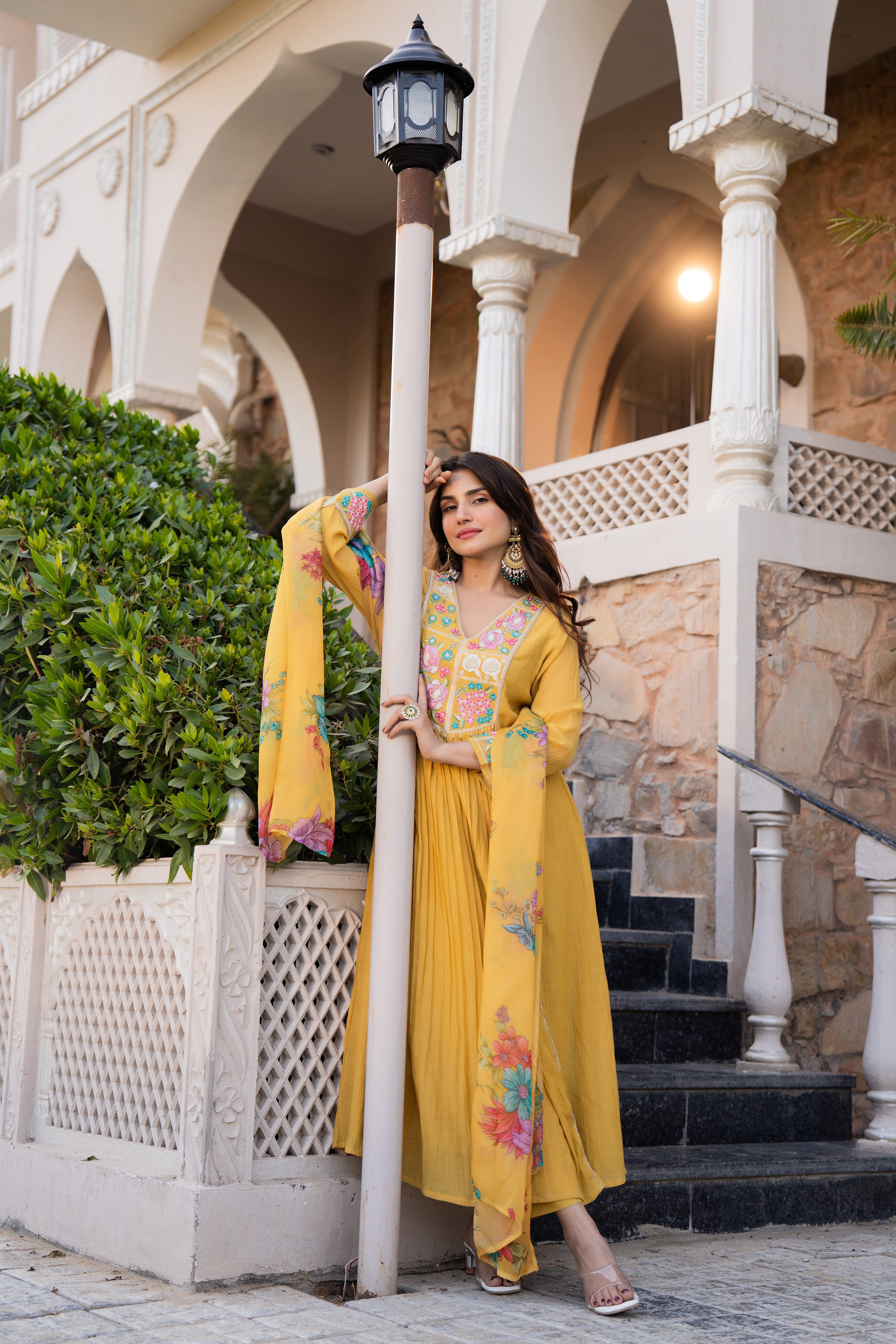 Mustard Yellow Crush Embroidered Suit Set