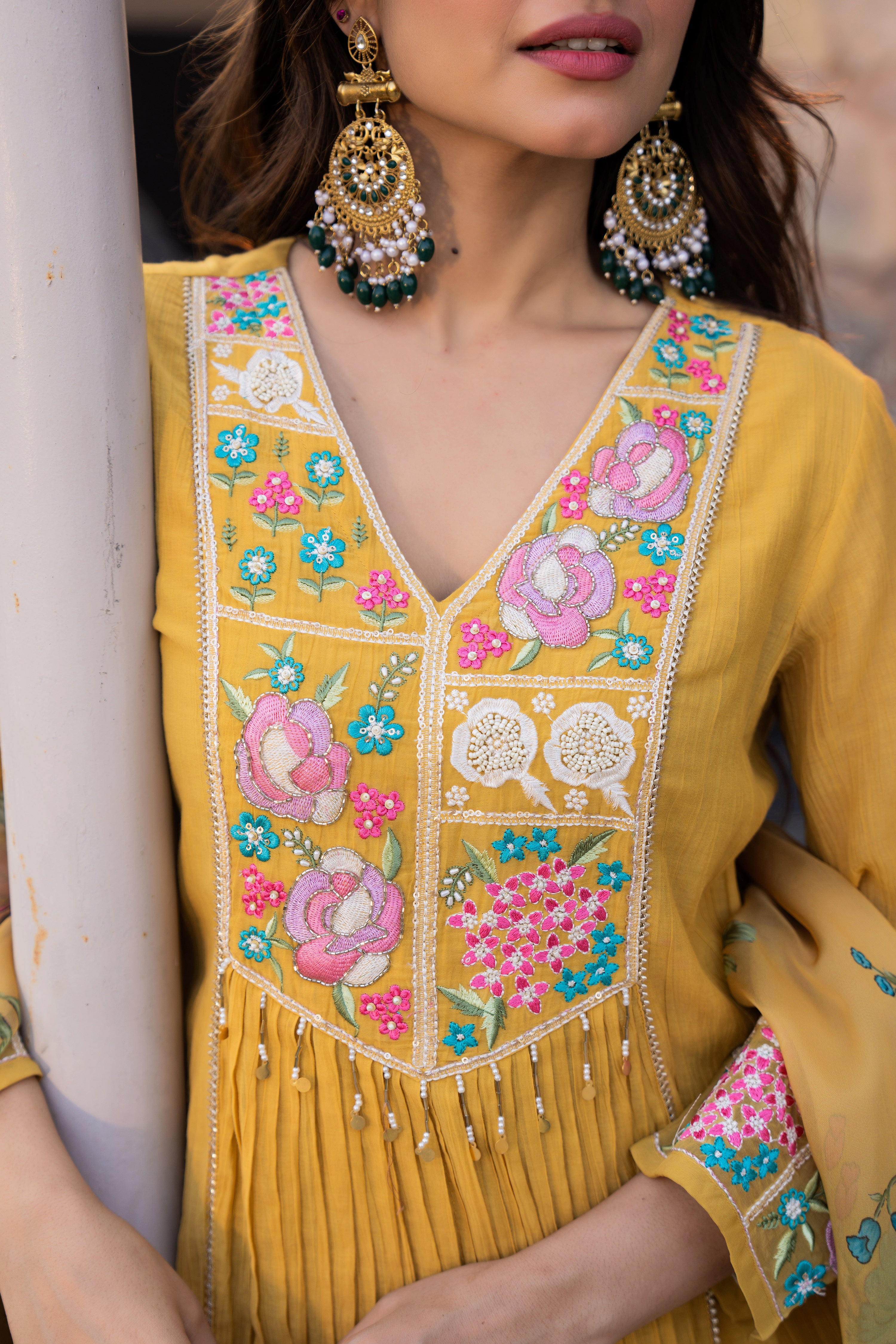 Mustard Yellow Crush Embroidered Suit Set