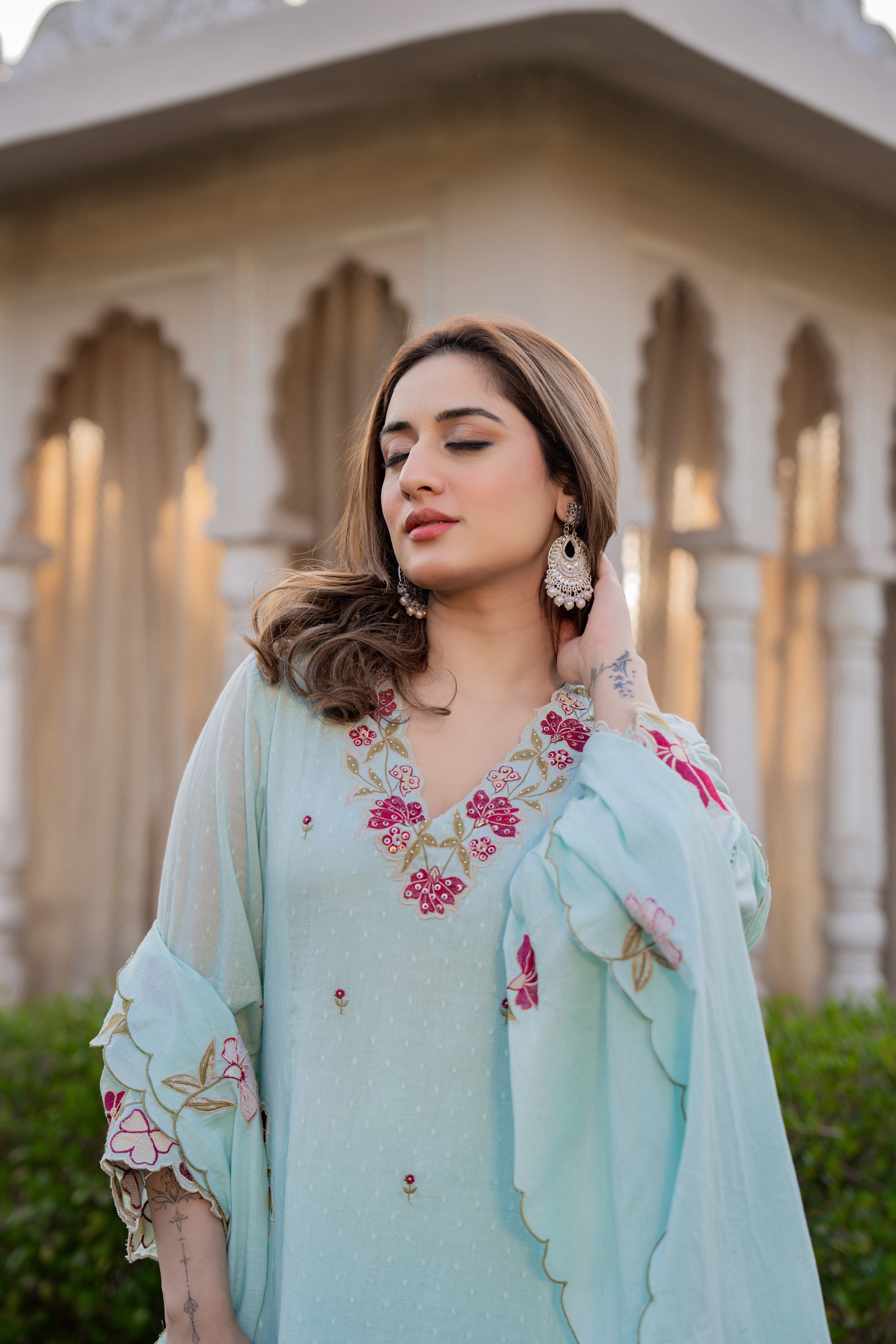 Azure Bloom Cotton Dobby Suit Set