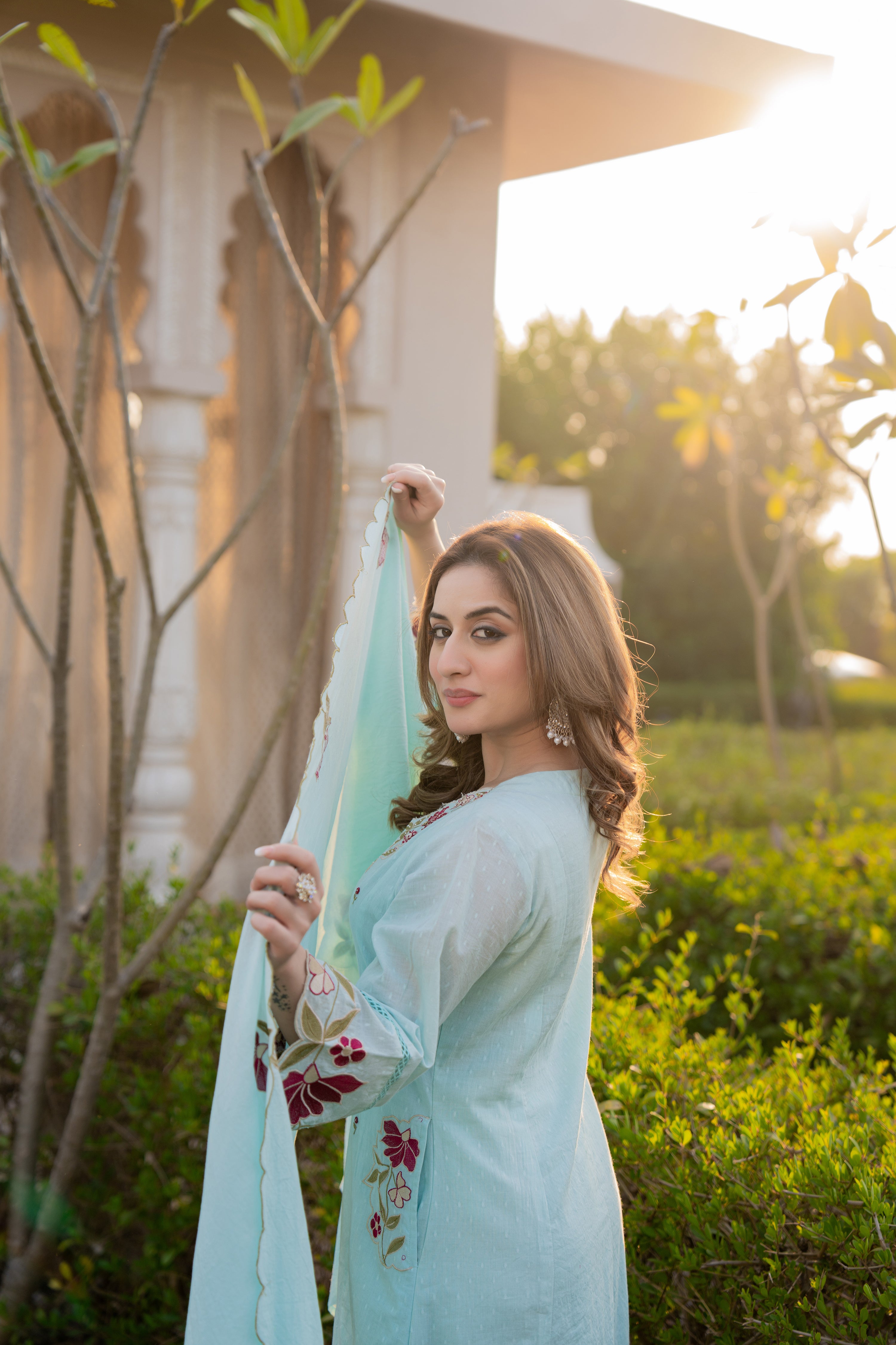 Azure Bloom Cotton Dobby Suit Set