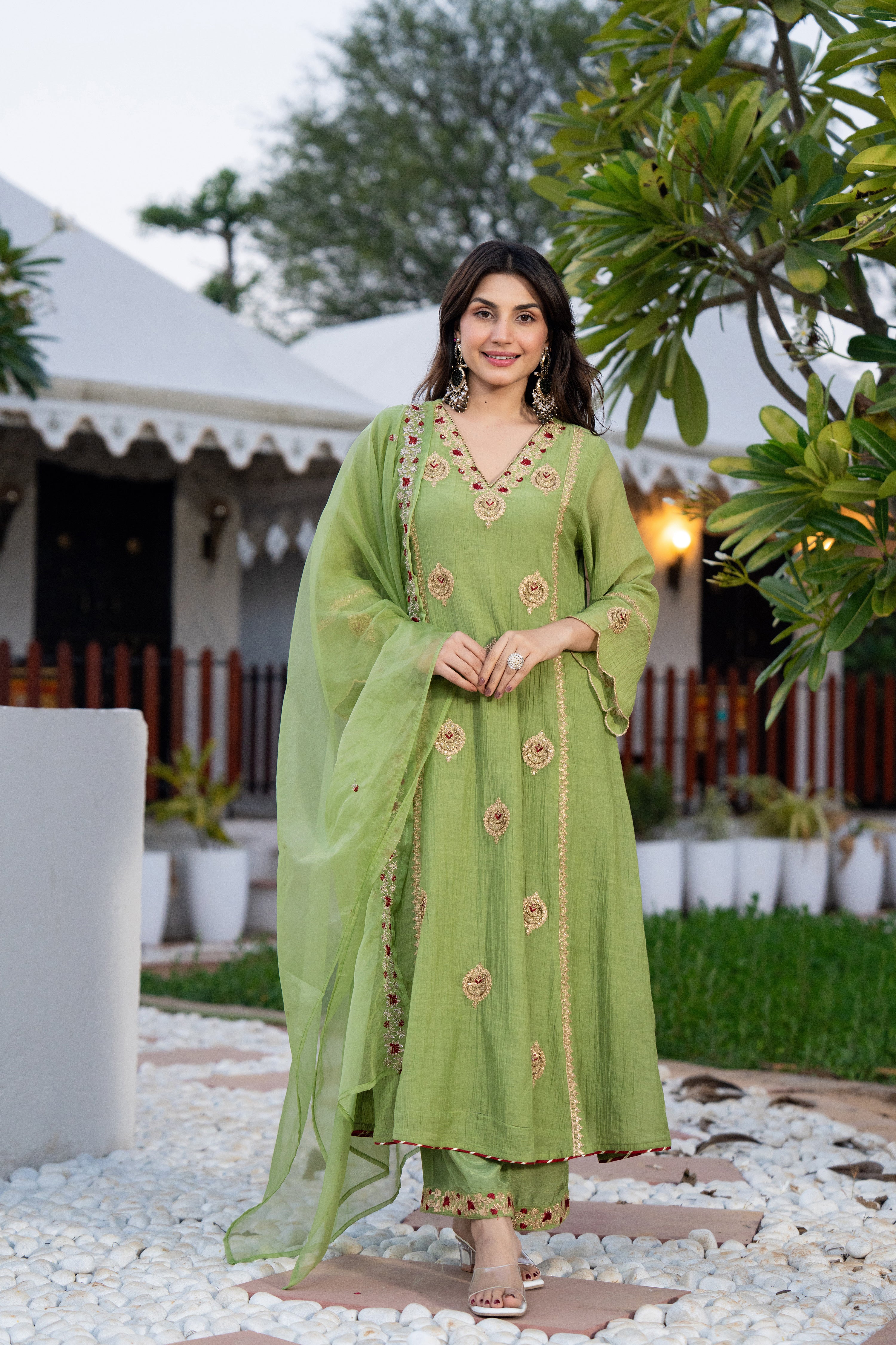 Pista Green Chanderi Embroidered Suit Set