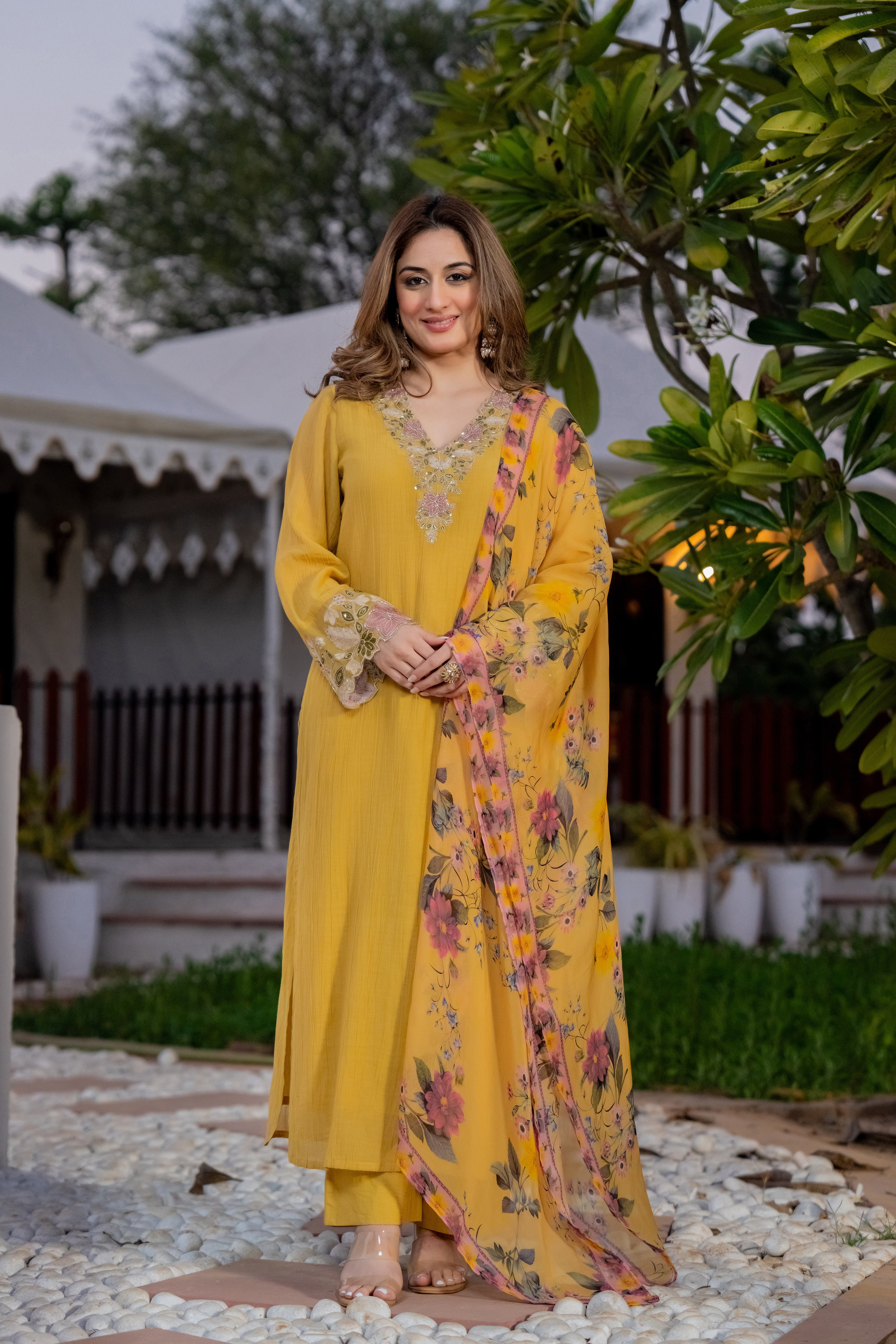 Mustard Yellow Chanderi Embroidered Suit Set