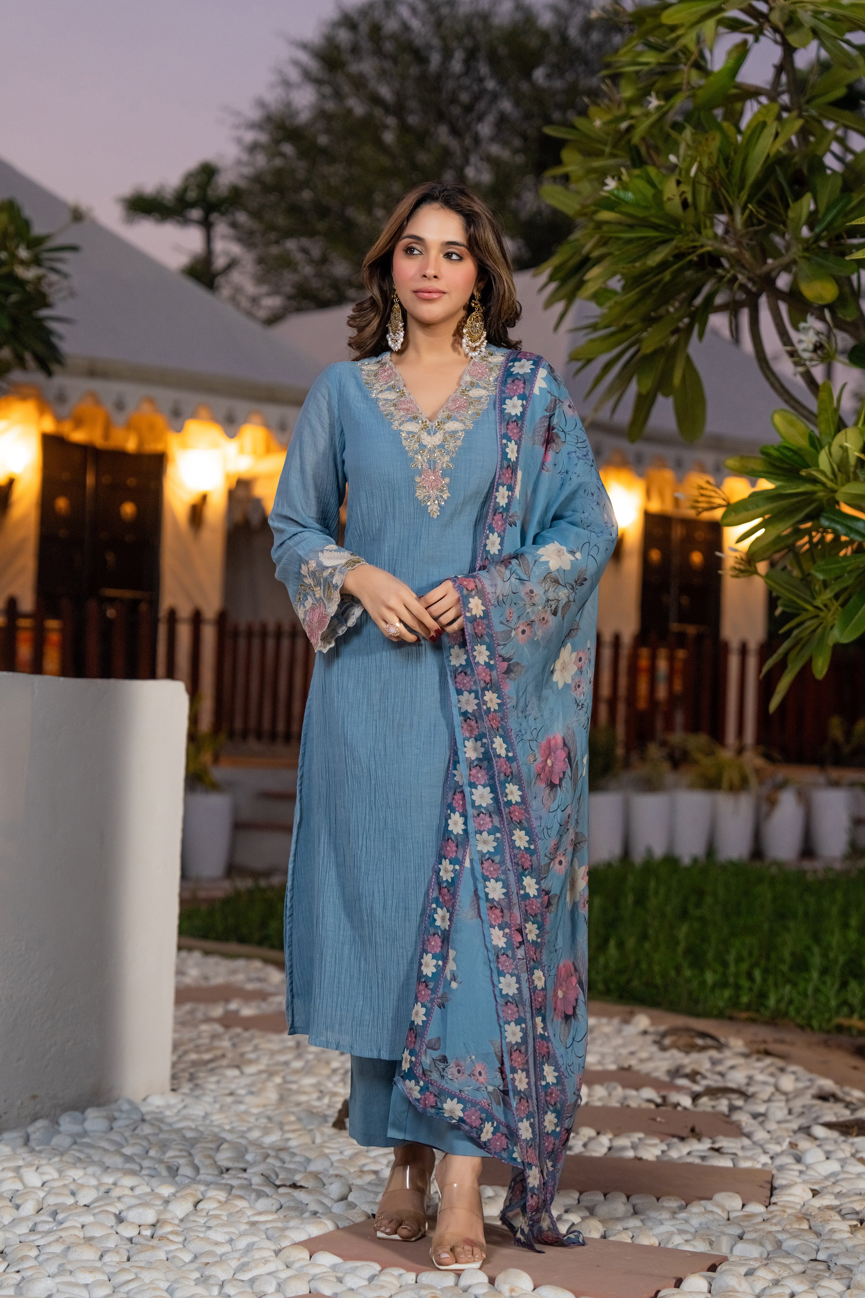 Powder Blue Crush Cotton  Embroidered Suit Set